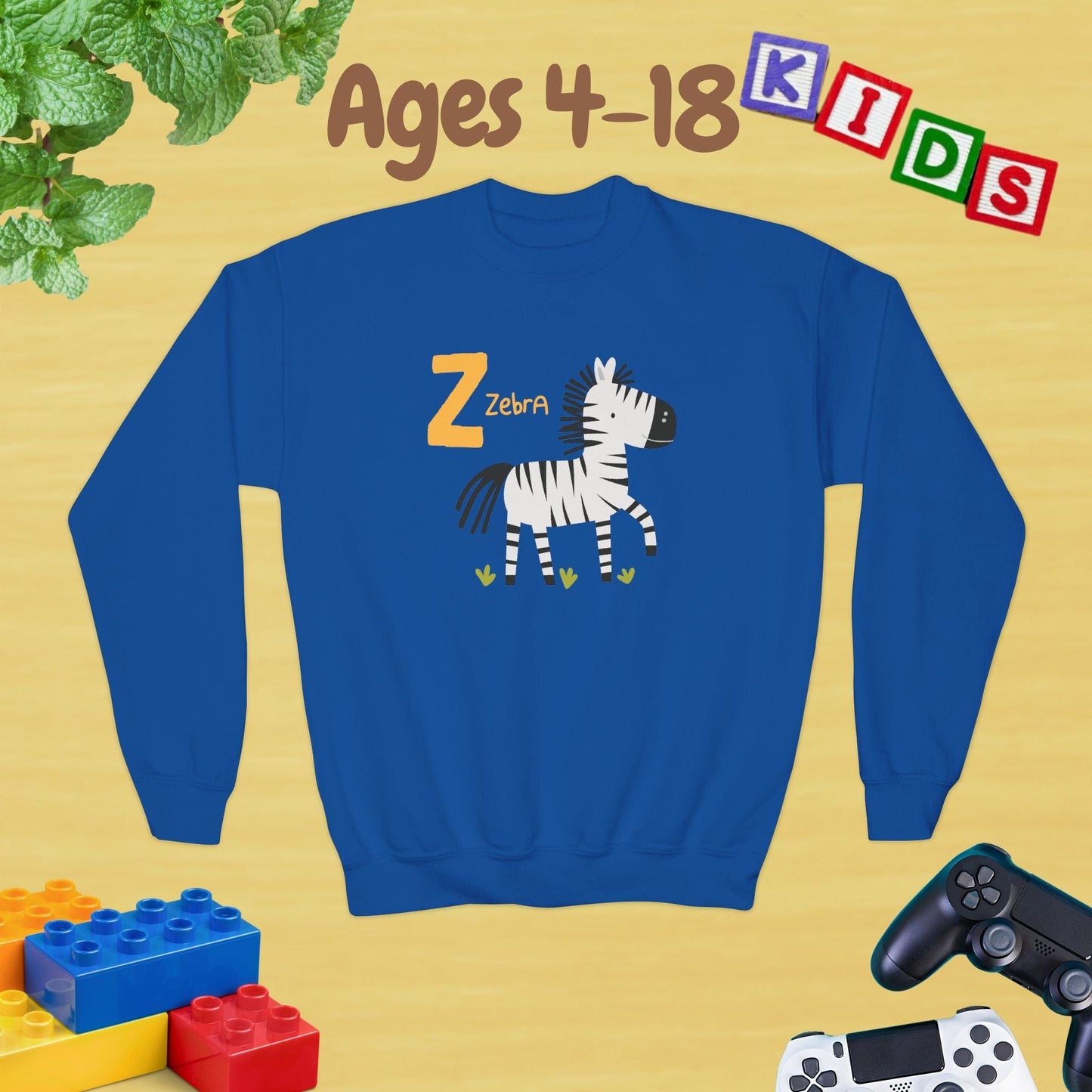 Animal Alphabet Z for Zebra Ages 4-18 Unisex Kids and Teens Sweatshirt - Cozy Fall and Winter Youth Sweatshirt