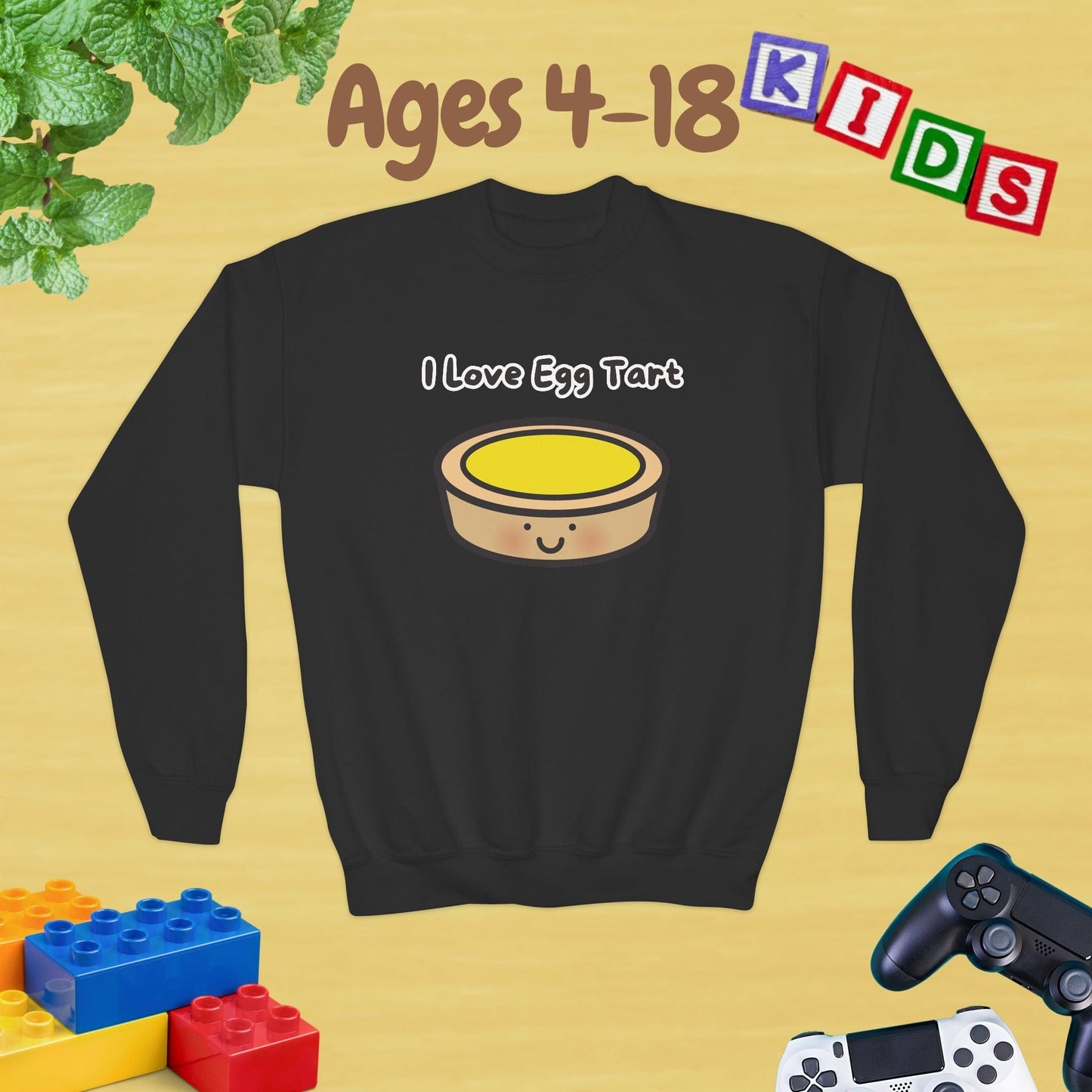 I Love Egg Tart Ages 4-18 Kids Sweatshirt - Unisex Graphic Sweatshirt for Kids