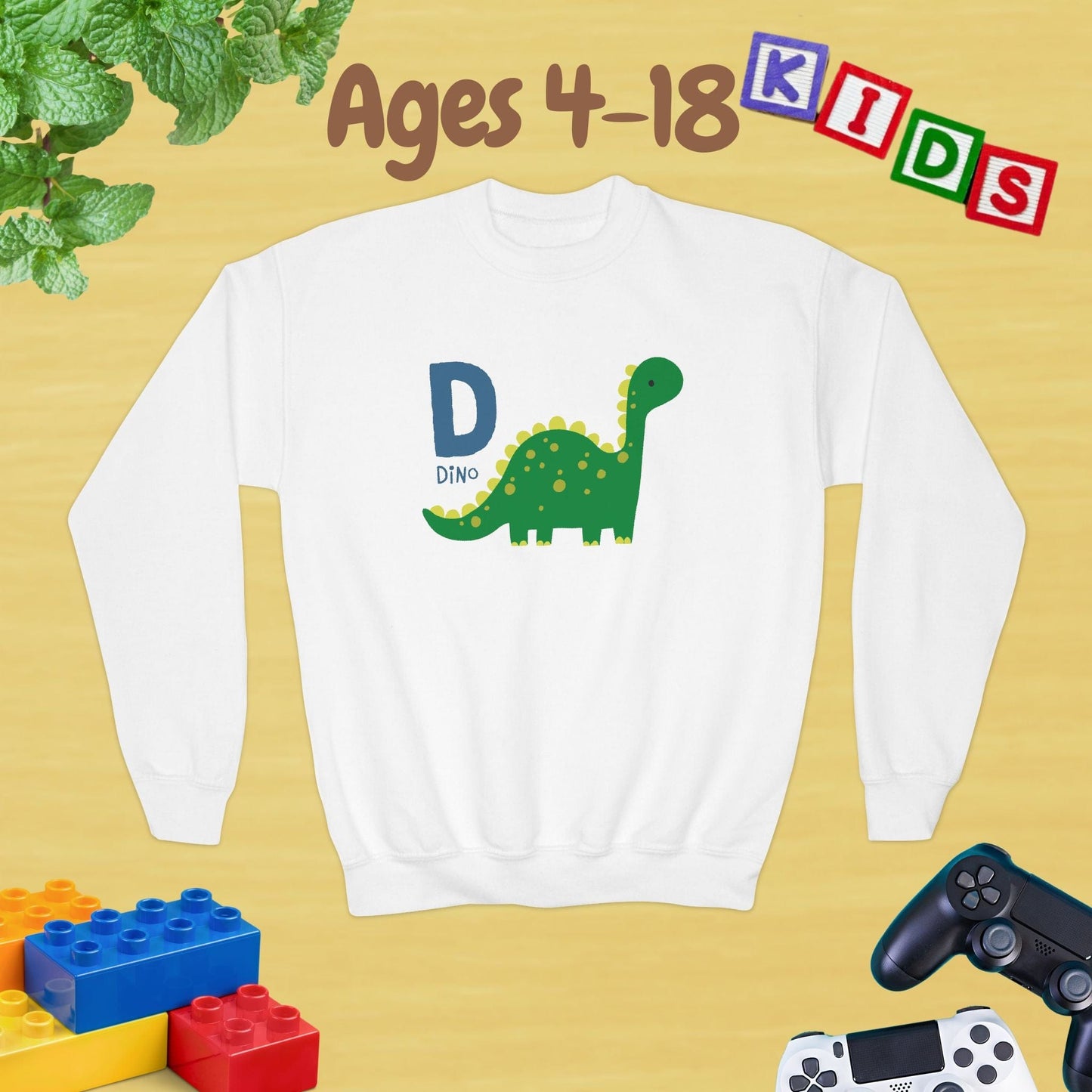 Animal Alphabet - D for Dino Ages 4-18 Unisex Kids and Teens Sweatshirt - Cozy Fall and Winter Youth Sweatshirt