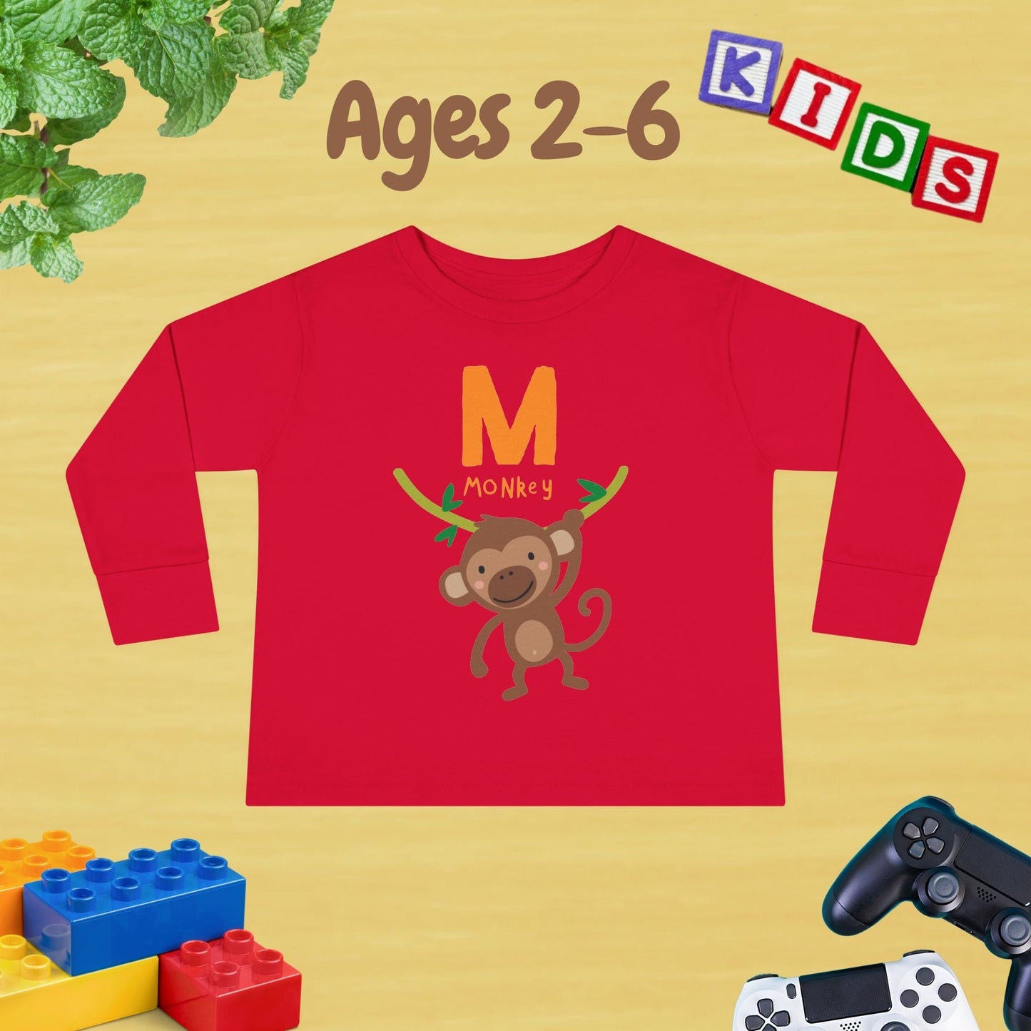 Animal Alphabet M for Monkey Unisex Kids Sweater Toddler Long Sleeve Tee Ages 2-6 - 100% Cotton Spring and Fall Kids Sweatshirt