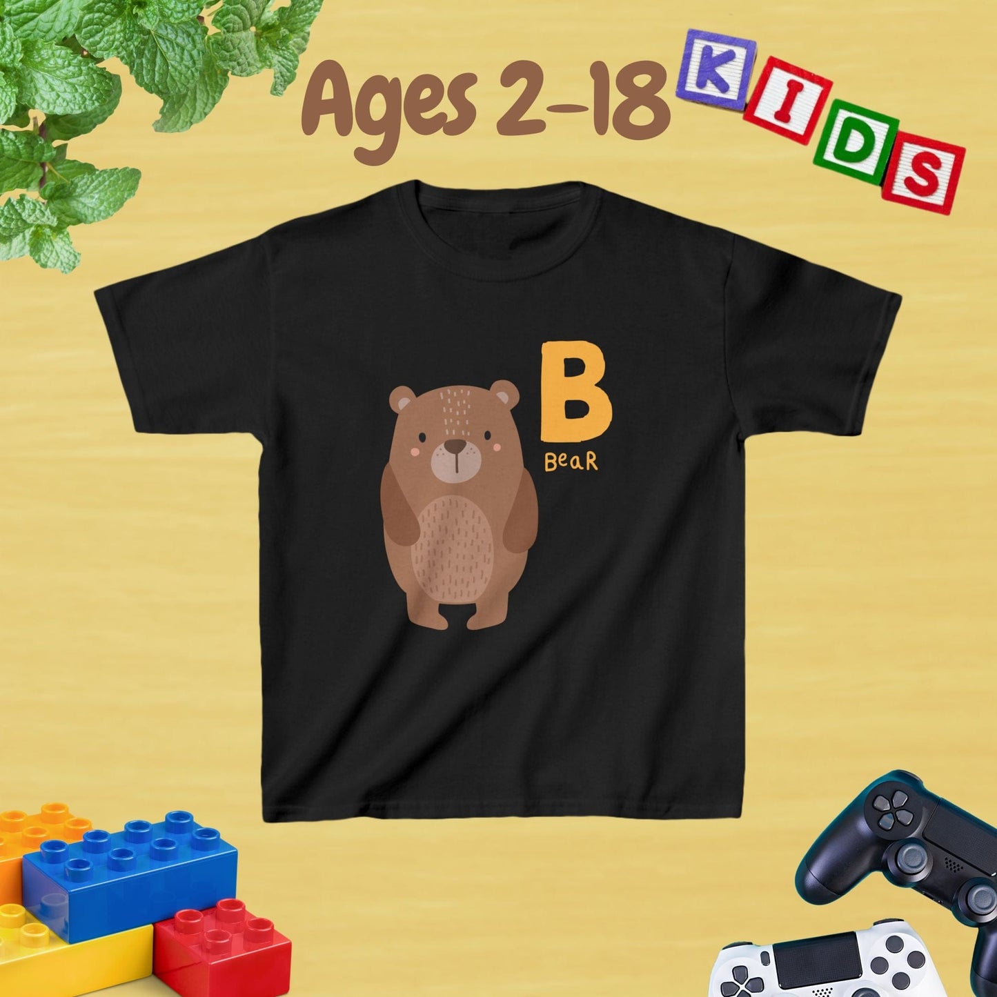 Animal Alphabet - B for Bear Unisex Kids Tee - Graphic Alphabet Tee for Kids Age 2-18