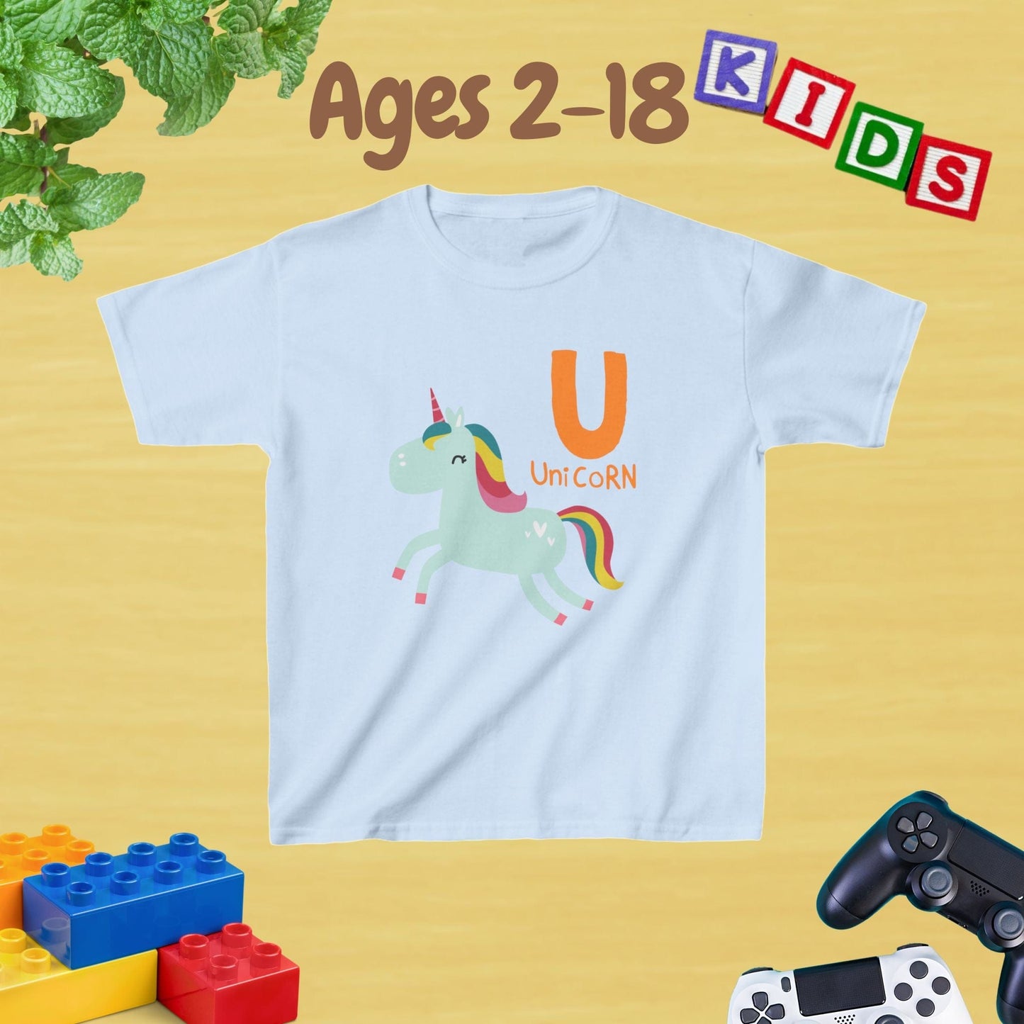 Animal Alphabet - U for Unicorn Unisex Kids Tee - Fun Educational Graphic Tee for Age 2-18 Kids
