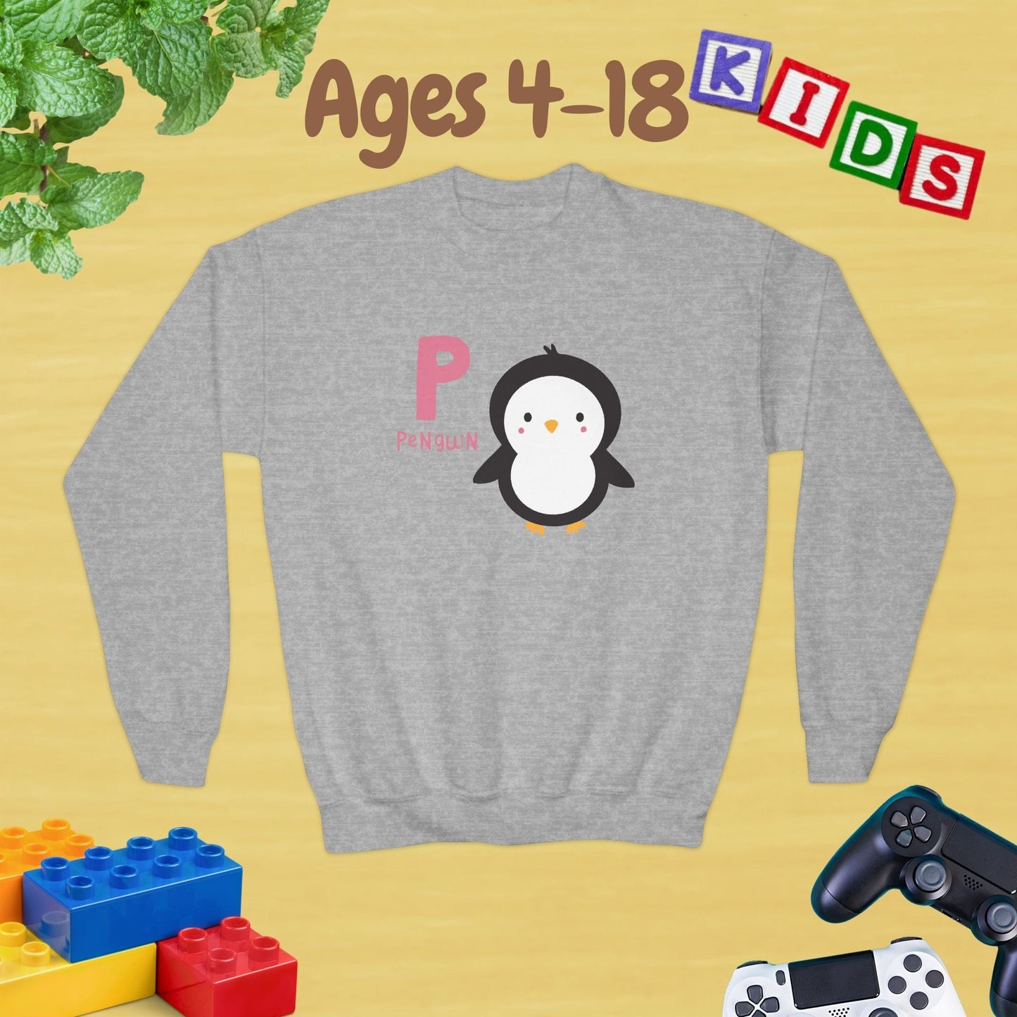Animal Alphabet P for Penguin Ages 4-18 Unisex Kids and Teens Sweatshirt - Cozy Fall and Winter Youth Sweatshirt