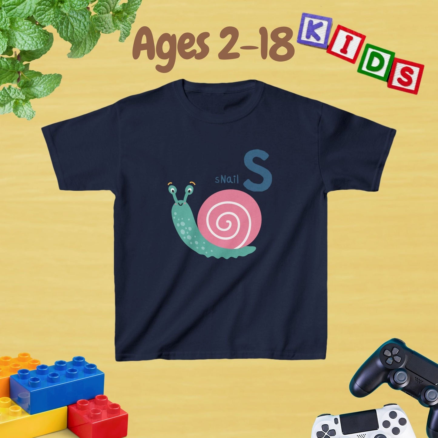 Animal Alphabet - S for Snail Unisex Kids Tee - Fun Educational Graphic Tee for Kids Age 2-18