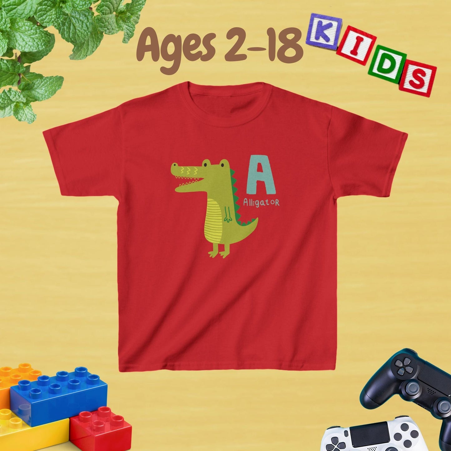 Animal Alphabet - A for Alligator Unisex Kids Tee - Graphic Alphabet Tee for Kids