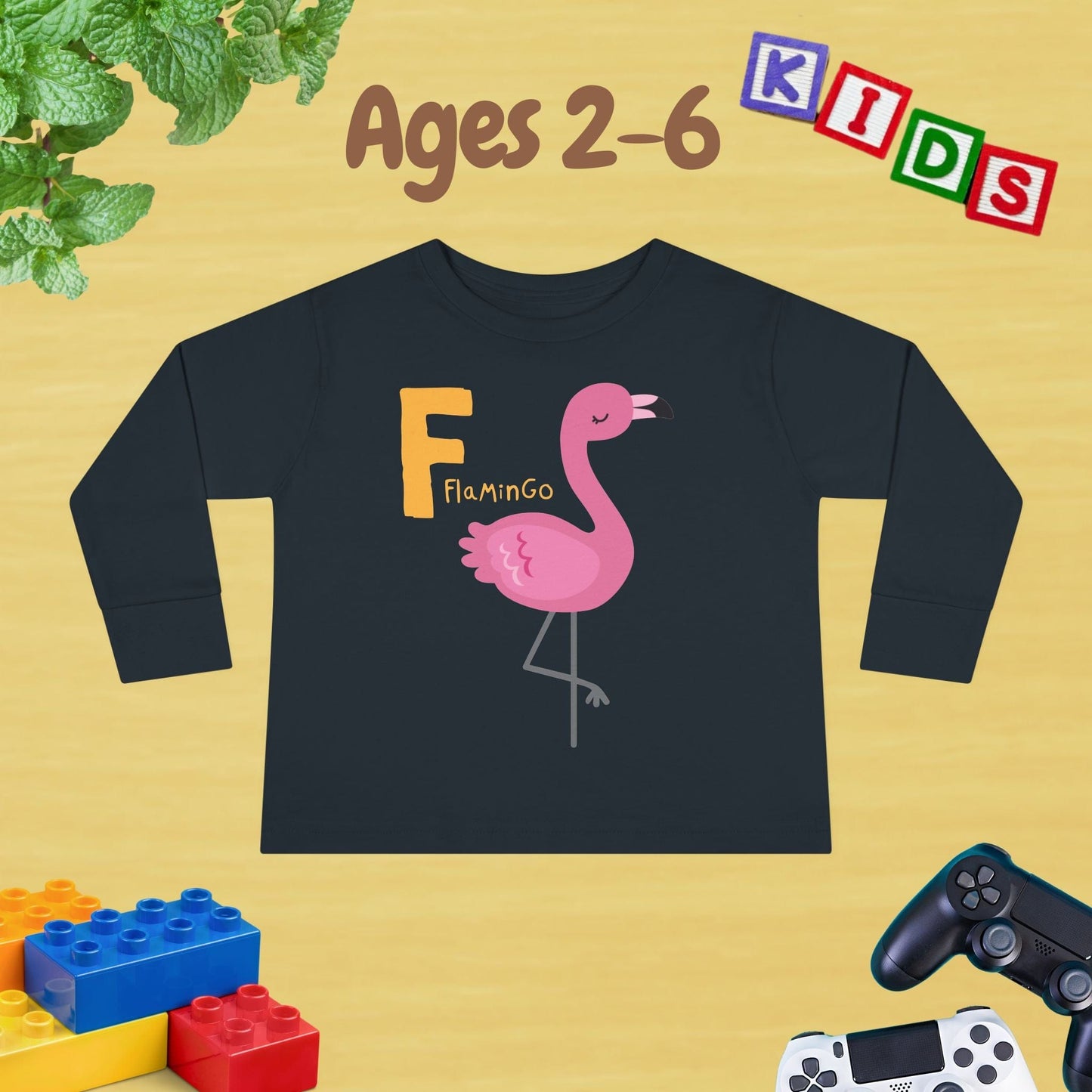 Animal Alphabet F for Flamingo Unisex Kids Sweater Toddler Long Sleeve Tee Ages 2-6 - 100% Cotton Spring and Fall Kids Sweatshirt