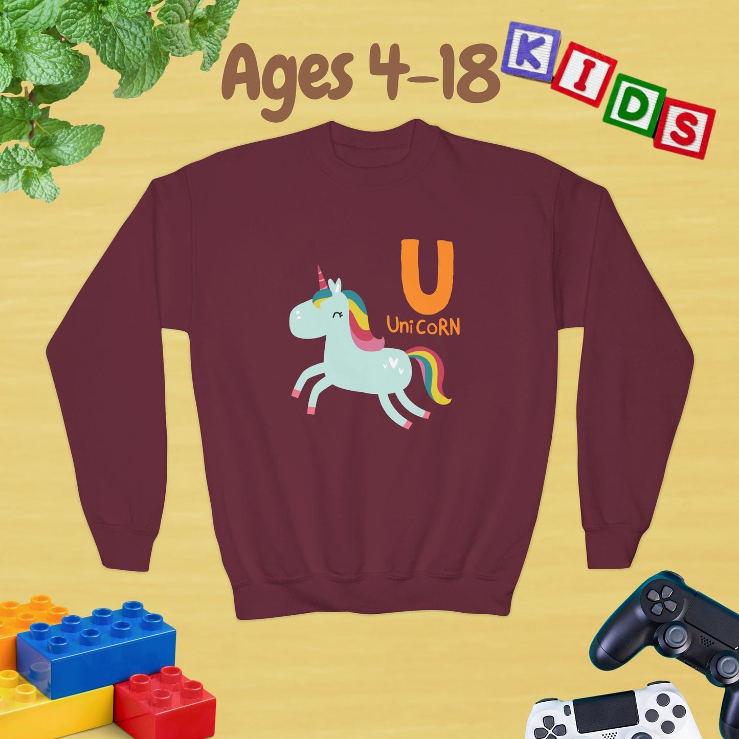Animal Alphabet U for Unicorn Ages 4-18 Unisex Kids and Teens Sweatshirt - Cozy Fall and Winter Youth Sweatshirt