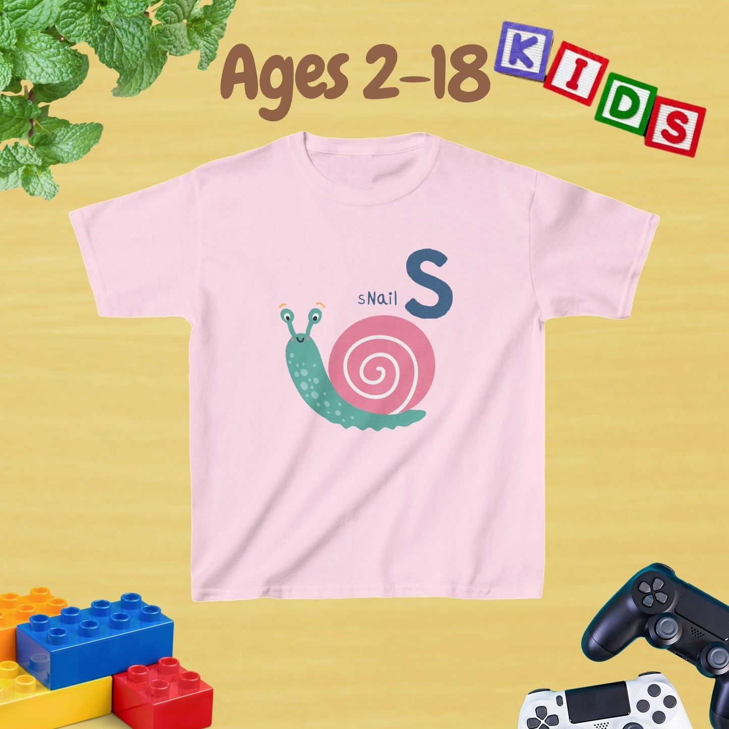 Animal Alphabet - S for Snail Unisex Kids Tee - Fun Educational Graphic Tee for Kids Age 2-18