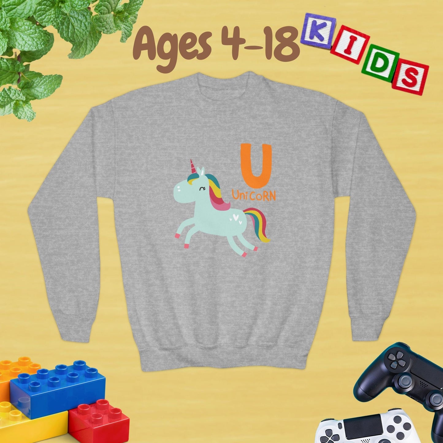 Animal Alphabet U for Unicorn Ages 4-18 Unisex Kids and Teens Sweatshirt - Cozy Fall and Winter Youth Sweatshirt