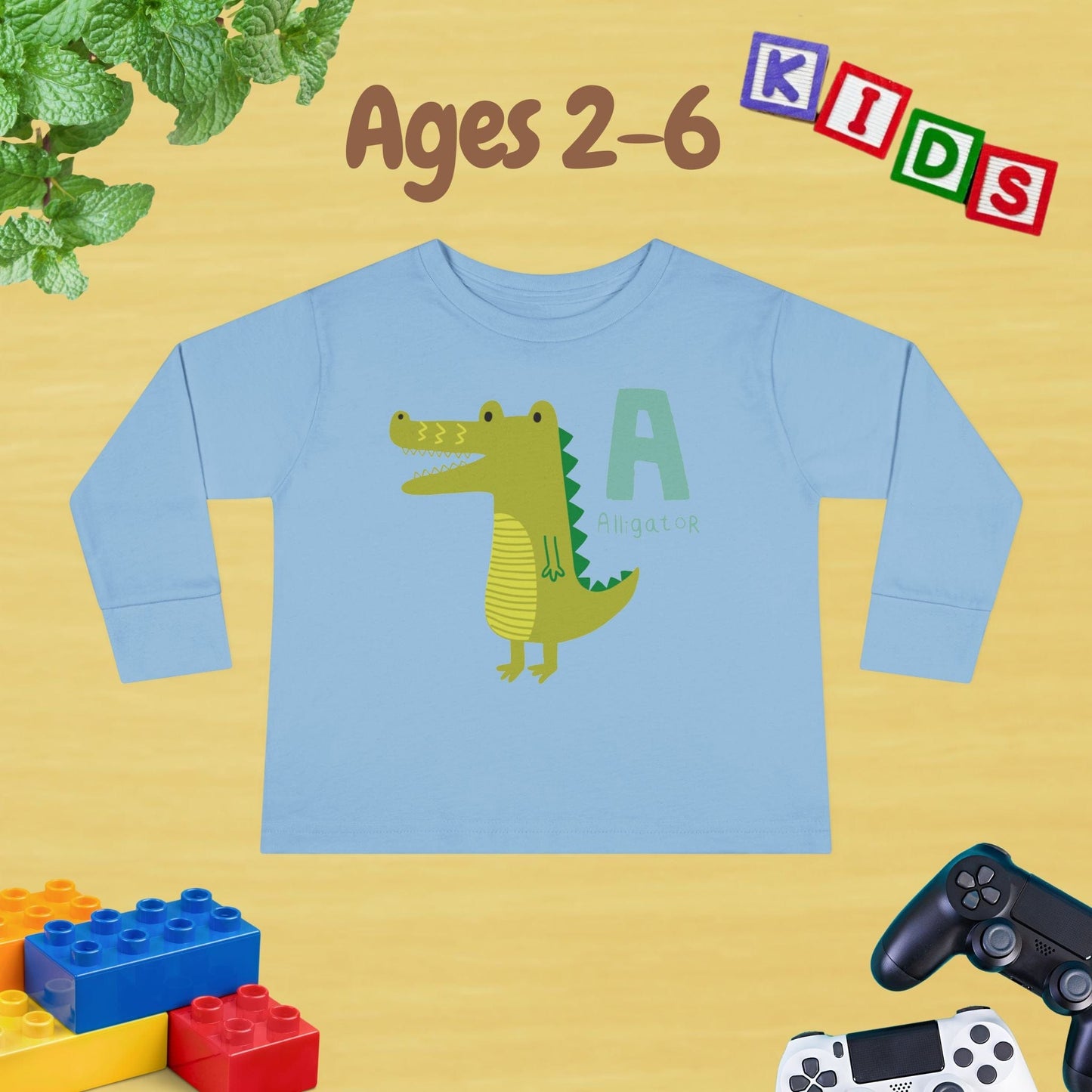 Animal Alphabet A for Alligator Unisex Kids Sweater Toddler Long Sleeve Tee Ages 2-6 - 100% Cotton Spring and Fall Kids Sweatshirt