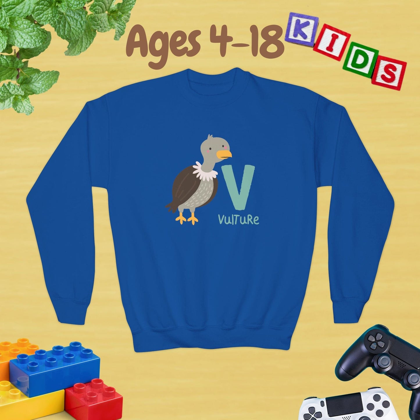 Animal Alphabet V for Vulture Ages 4-18 Unisex Kids and Teens Sweatshirt - Cozy Fall and Winter Youth Sweatshirt