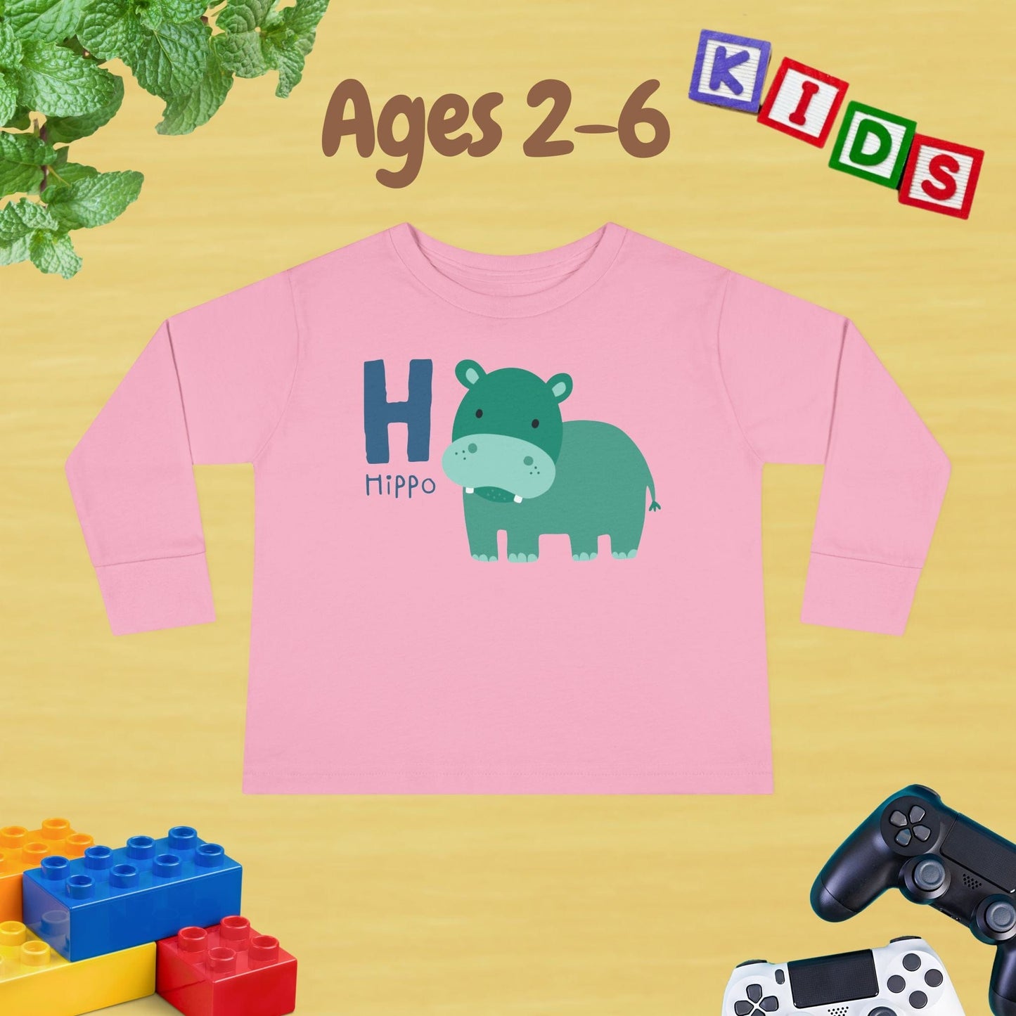 Animal Alphabet H for Hippo Unisex Kids Sweater Toddler Long Sleeve Tee Ages 2-6 - 100% Cotton Spring and Fall Kids Sweatshirt