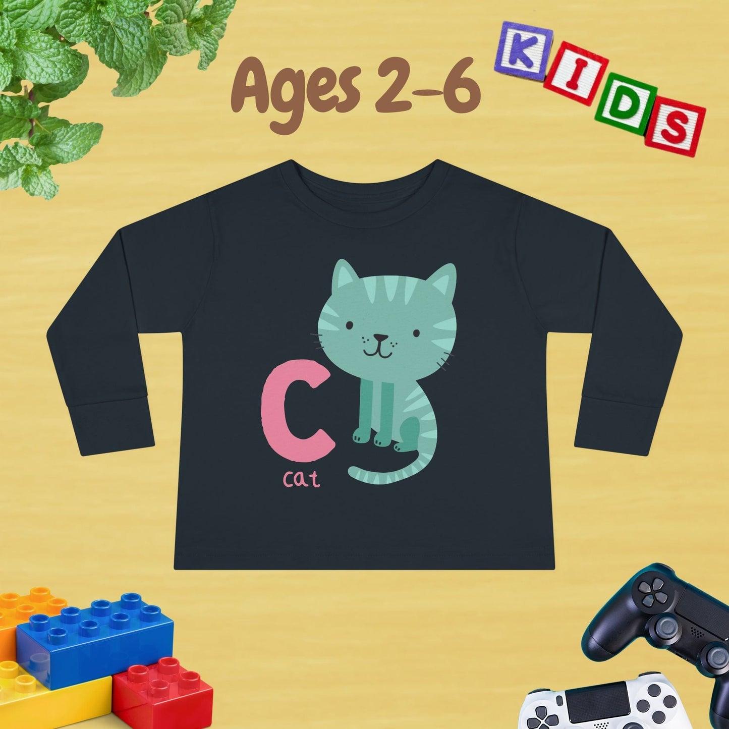 Animal Alphabet C for Cat Unisex Kids Sweater Toddler Long Sleeve Tee Ages 2-6 - 100% Cotton Spring and Fall Kids Sweatshirt
