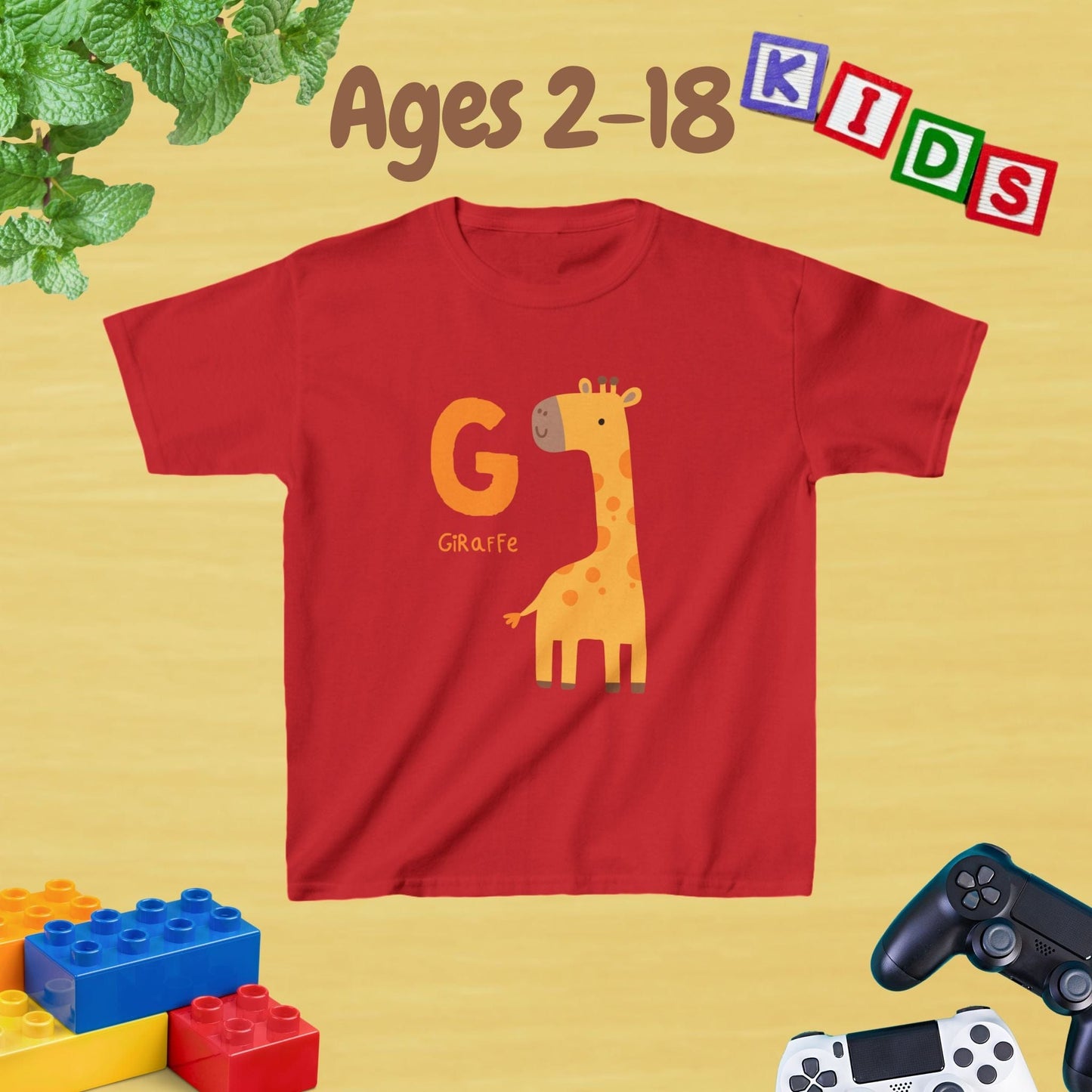 Animal Alphabet - G for Giraffe Unisex Kids Tee - Graphic Alphabet Tee for Kids Age 2-18