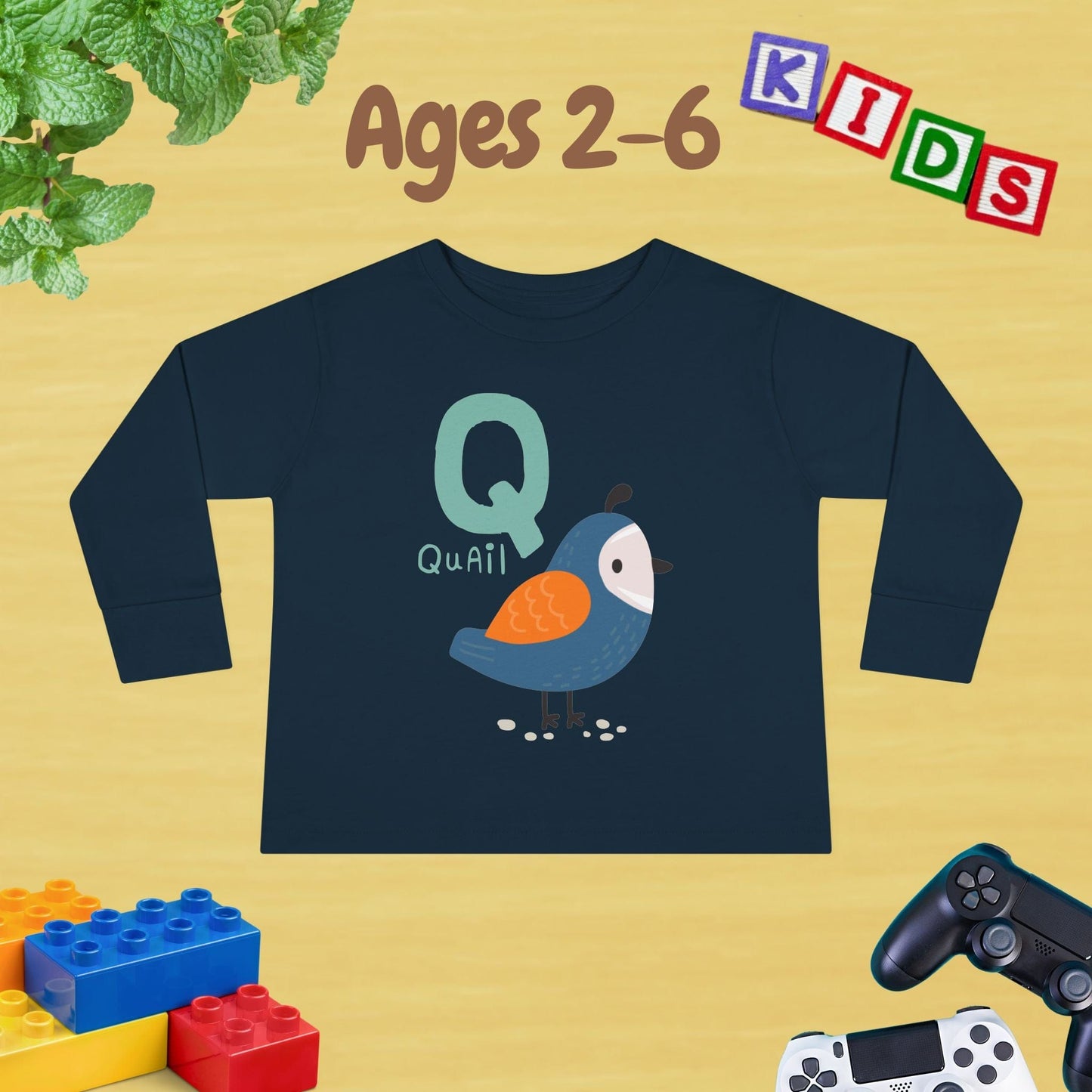 Animal Alphabet Q for Quail Unisex Kids Sweater Toddler Long Sleeve Tee Ages 2-6 - 100% Cotton Spring and Fall Kids Sweatshirt