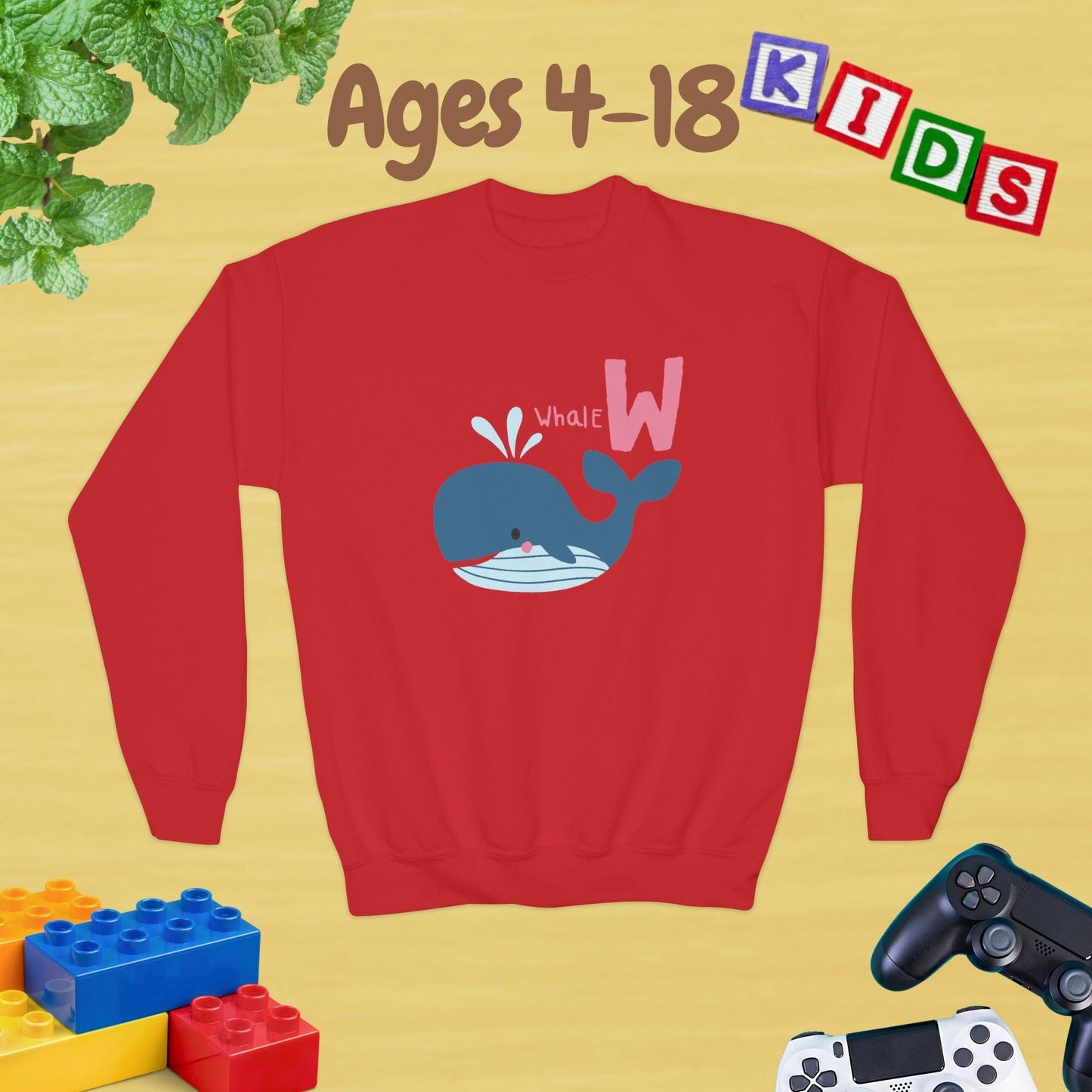 Animal Alphabet W for Whale Ages 4-18 Unisex Kids and Teens Sweatshirt - Cozy Fall and Winter Youth Sweatshirt