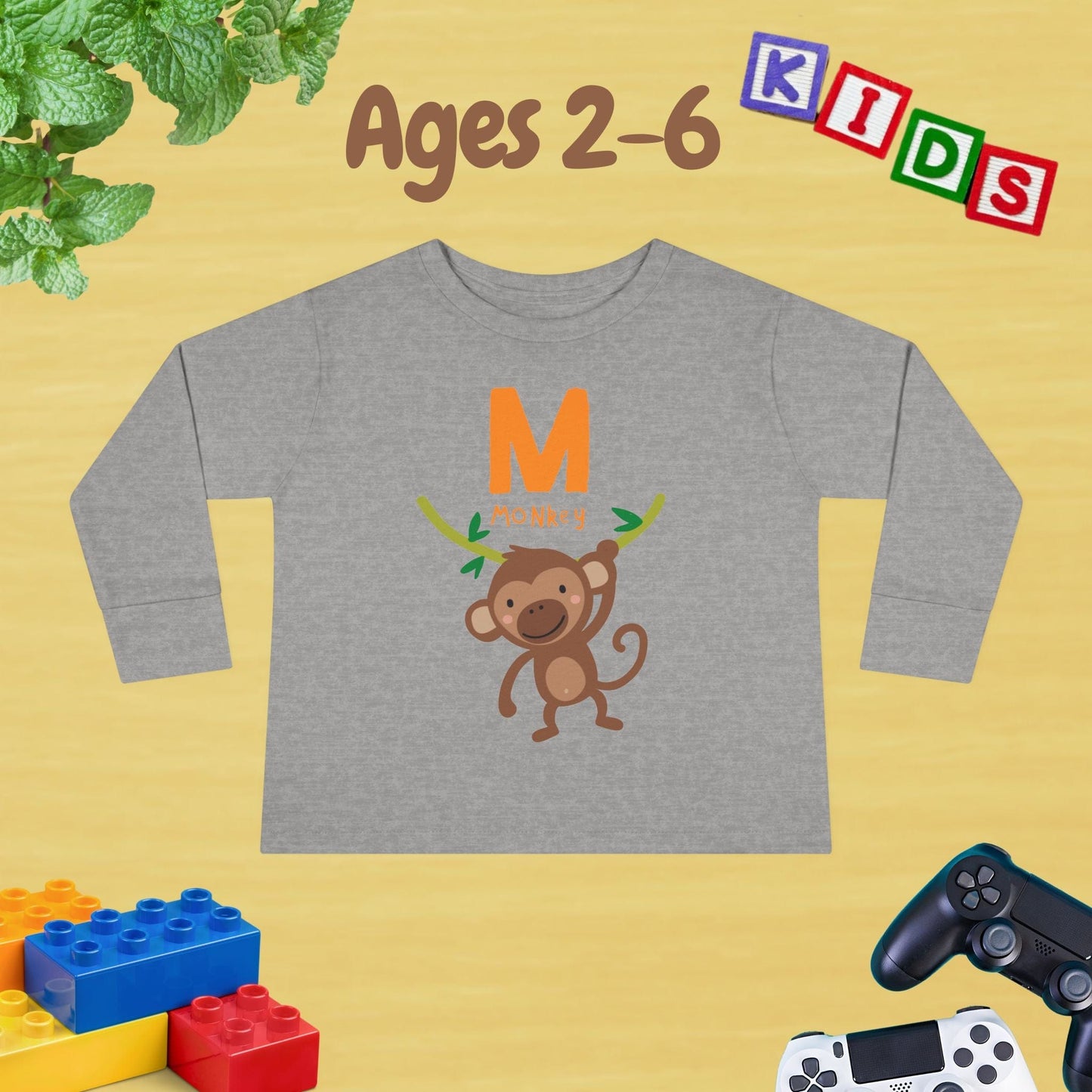 Animal Alphabet M for Monkey Unisex Kids Sweater Toddler Long Sleeve Tee Ages 2-6 - 100% Cotton Spring and Fall Kids Sweatshirt