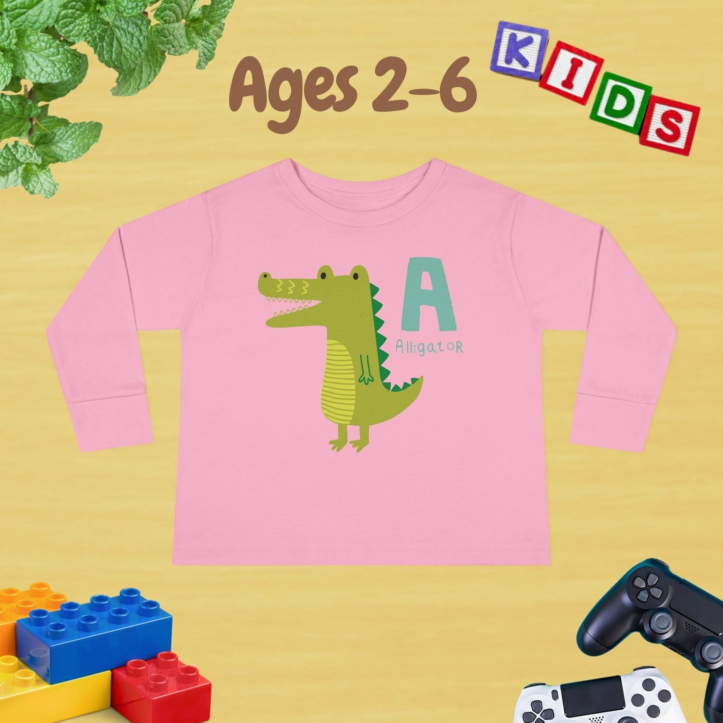 Animal Alphabet A for Alligator Unisex Kids Sweater Toddler Long Sleeve Tee Ages 2-6 - 100% Cotton Spring and Fall Kids Sweatshirt