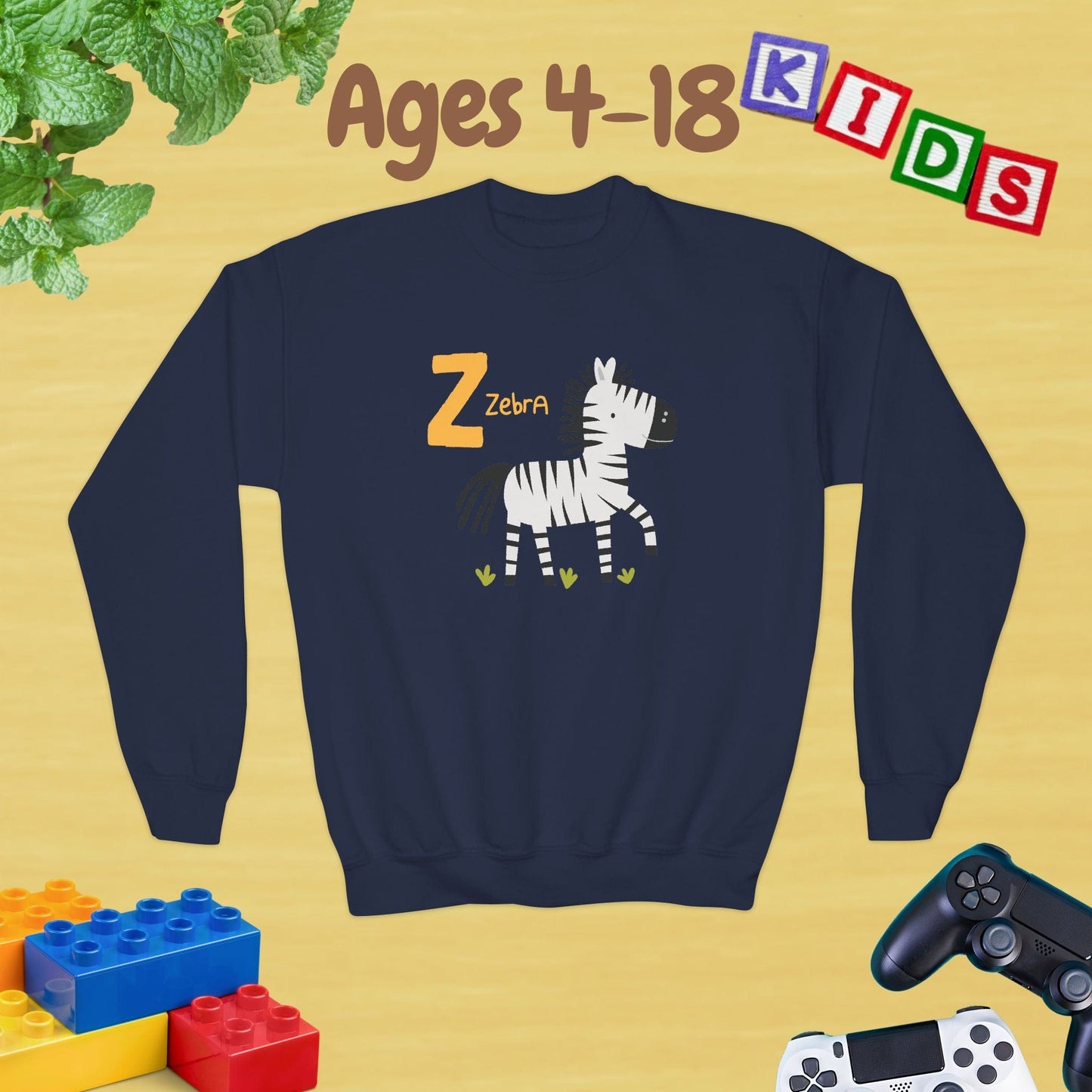 Animal Alphabet Z for Zebra Ages 4-18 Unisex Kids and Teens Sweatshirt - Cozy Fall and Winter Youth Sweatshirt