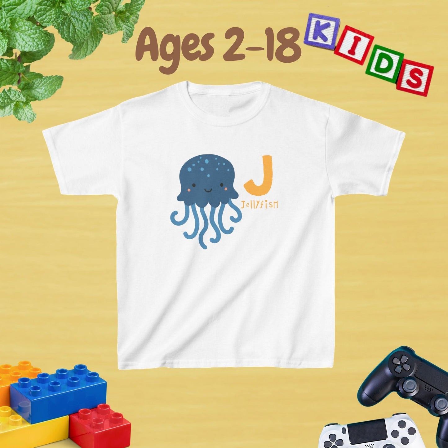 Animal Alphabet - J for Jellyfish Unisex Kids Tee - Graphic Alphabet Tee for Kids Age 2-18