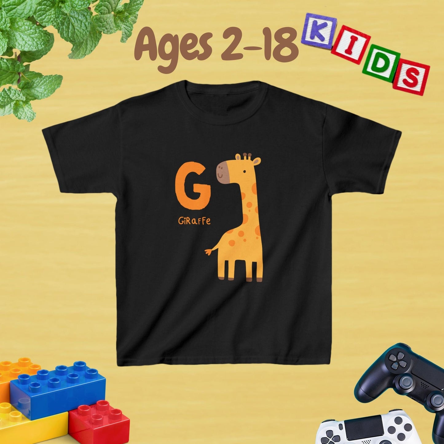 Animal Alphabet - G for Giraffe Unisex Kids Tee - Graphic Alphabet Tee for Kids Age 2-18
