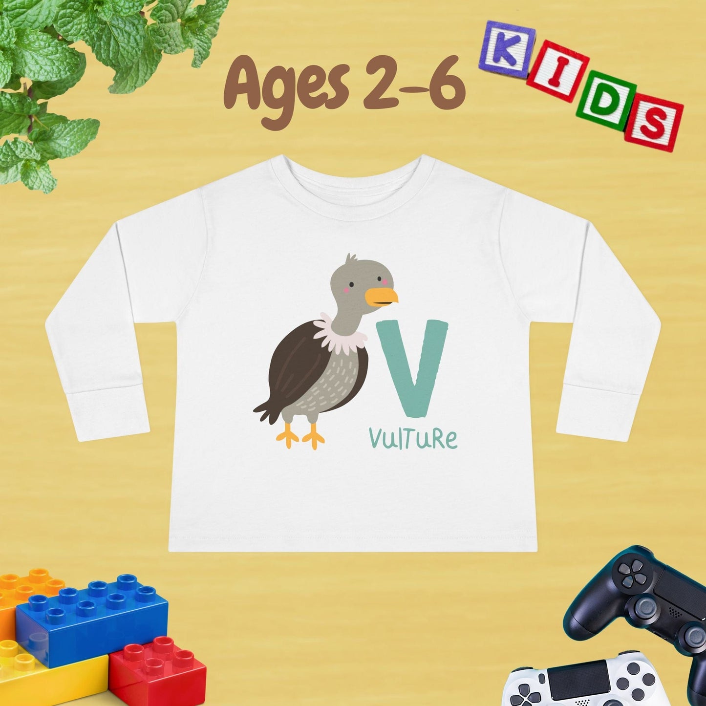 Animal Alphabet V for Vulture Unisex Kids Sweater Toddler Long Sleeve Tee Ages 2-6 - 100% Cotton Spring and Fall Kids Sweatshirt