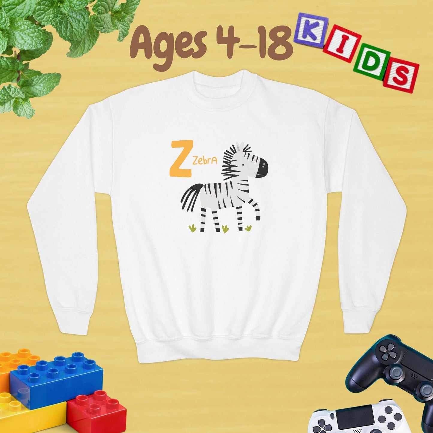 Animal Alphabet Z for Zebra Ages 4-18 Unisex Kids and Teens Sweatshirt - Cozy Fall and Winter Youth Sweatshirt