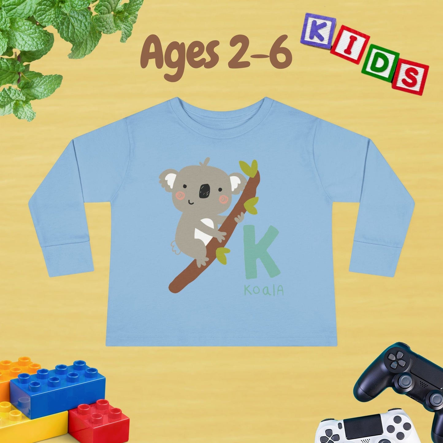 Animal Alphabet K for Koala Unisex Kids Sweater Toddler Long Sleeve Tee Ages 2-6 - 100% Cotton Spring and Fall Kids Sweatshirt