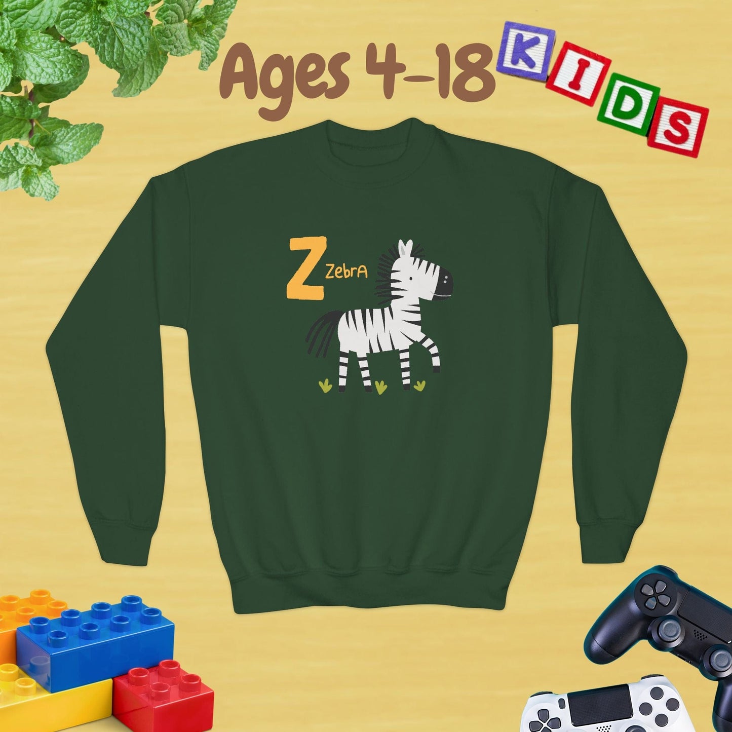 Animal Alphabet Z for Zebra Ages 4-18 Unisex Kids and Teens Sweatshirt - Cozy Fall and Winter Youth Sweatshirt