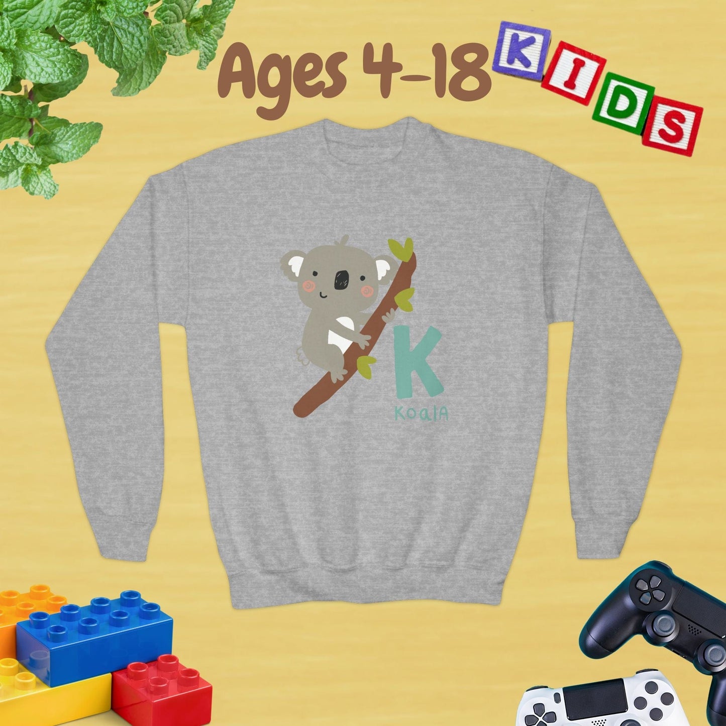 Animal Alphabet - K for Koala Ages 4-18 Unisex Kids and Teens Sweatshirt - Cozy Fall and Winter Youth Sweatshirt