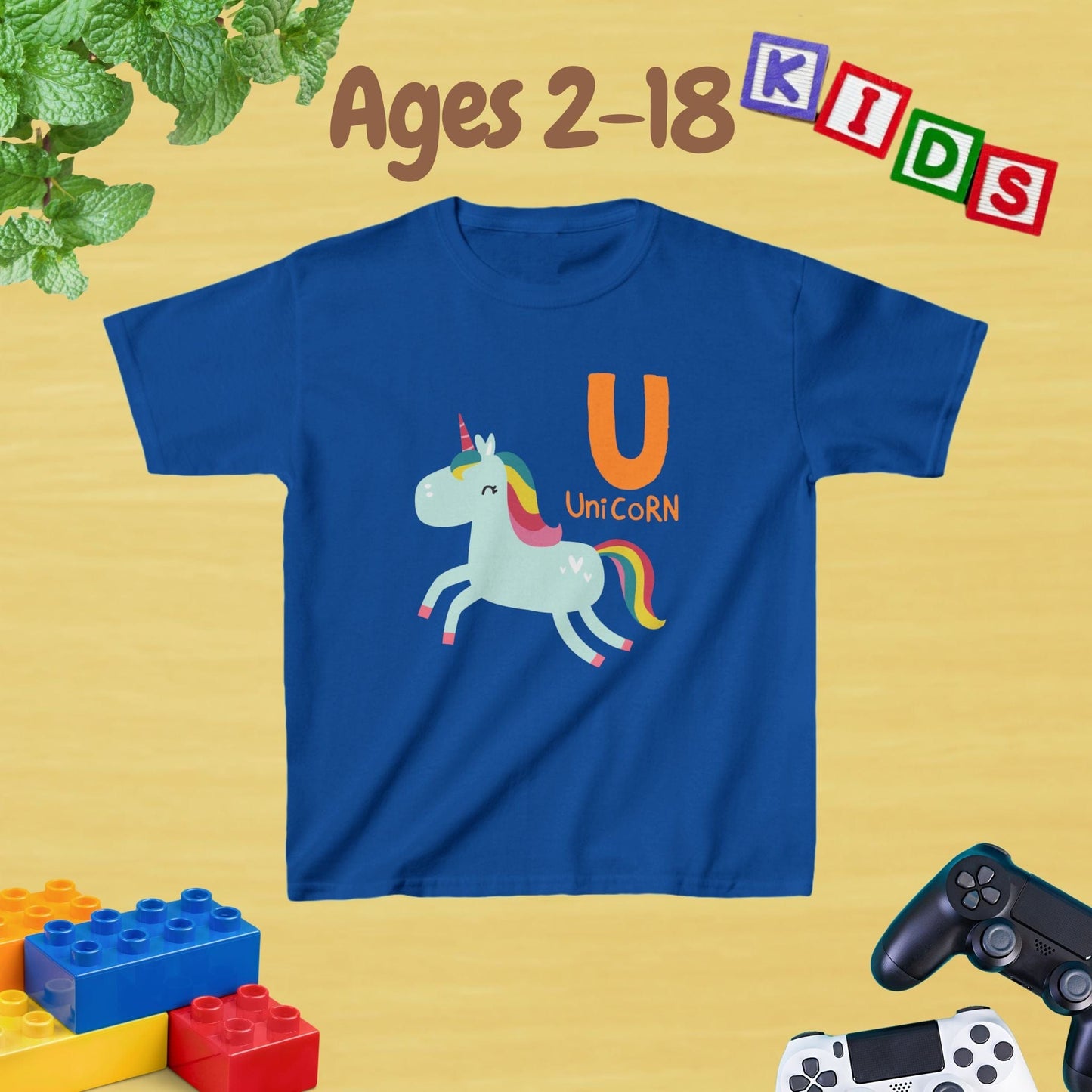 Animal Alphabet - U for Unicorn Unisex Kids Tee - Fun Educational Graphic Tee for Age 2-18 Kids