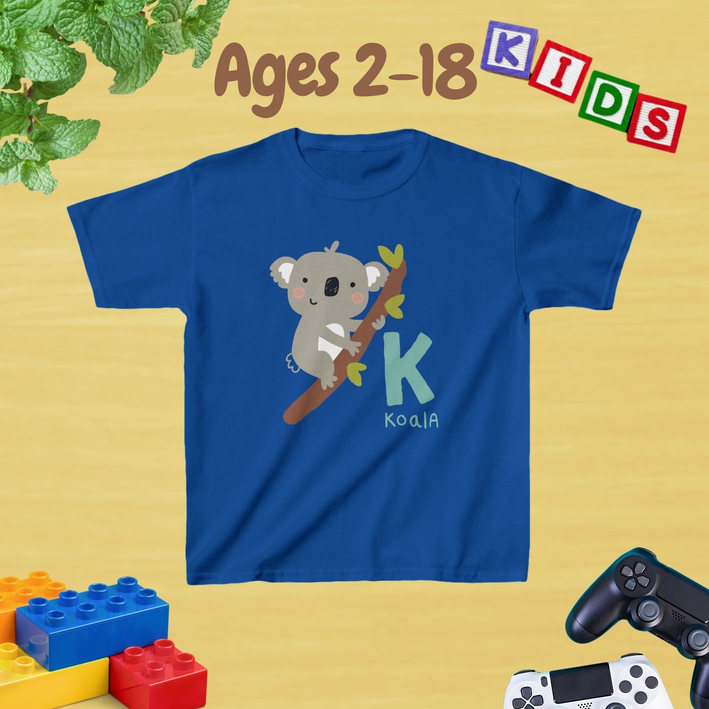Animal Alphabet - K for Koala Unisex Kids Tee - Fun Educational Graphic Tee for Kids Age 2-18