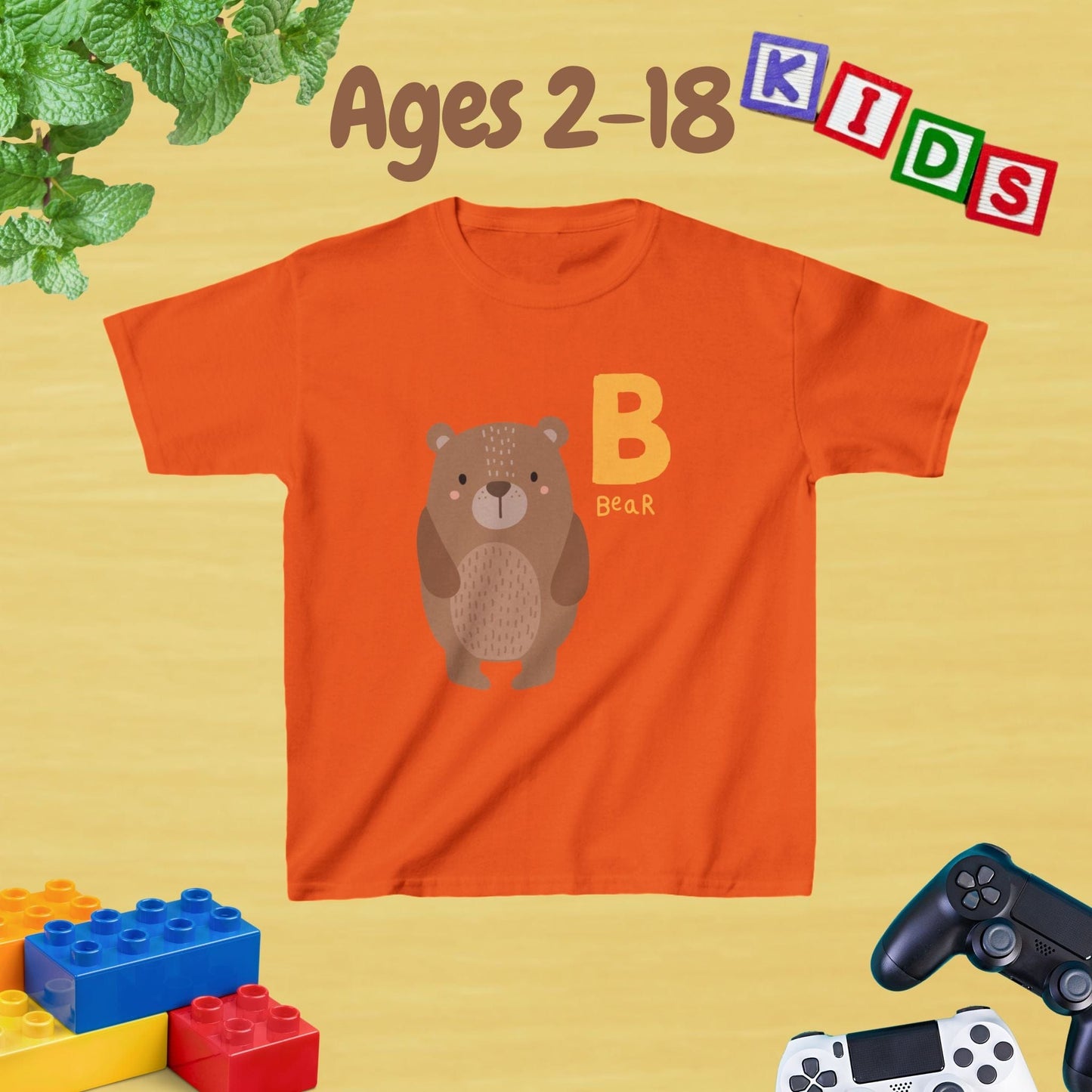 Animal Alphabet - B for Bear Unisex Kids Tee - Graphic Alphabet Tee for Kids Age 2-18