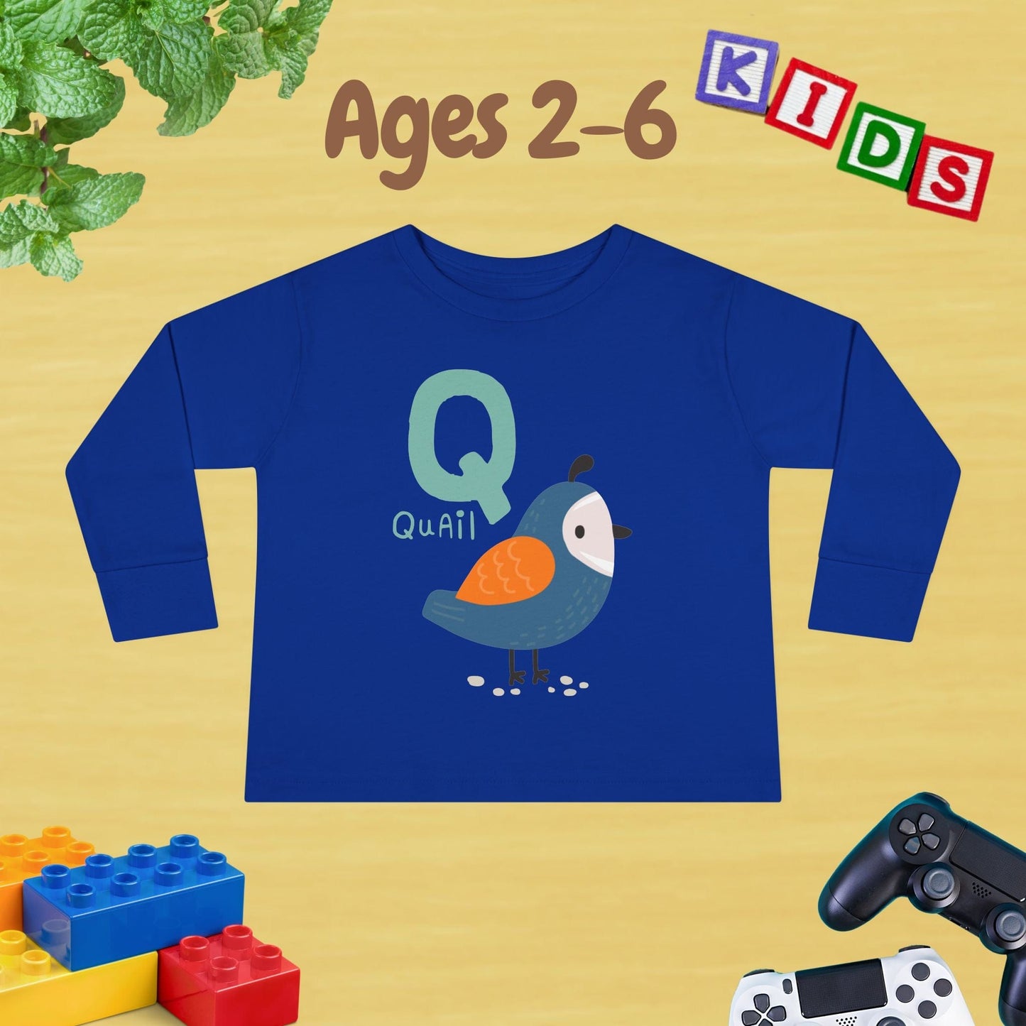 Animal Alphabet Q for Quail Unisex Kids Sweater Toddler Long Sleeve Tee Ages 2-6 - 100% Cotton Spring and Fall Kids Sweatshirt