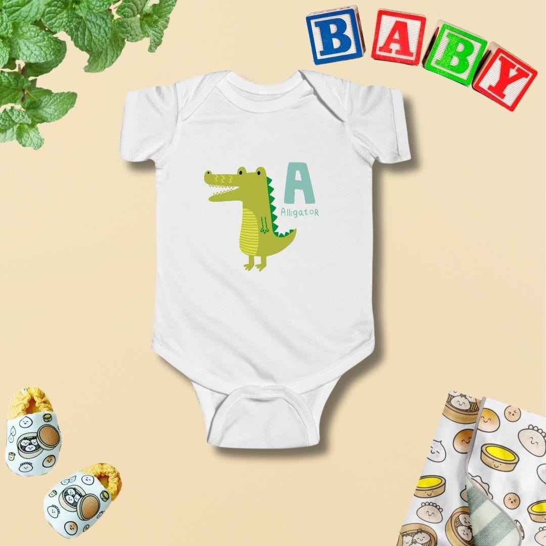 a baby bodysuit with an alligator on it