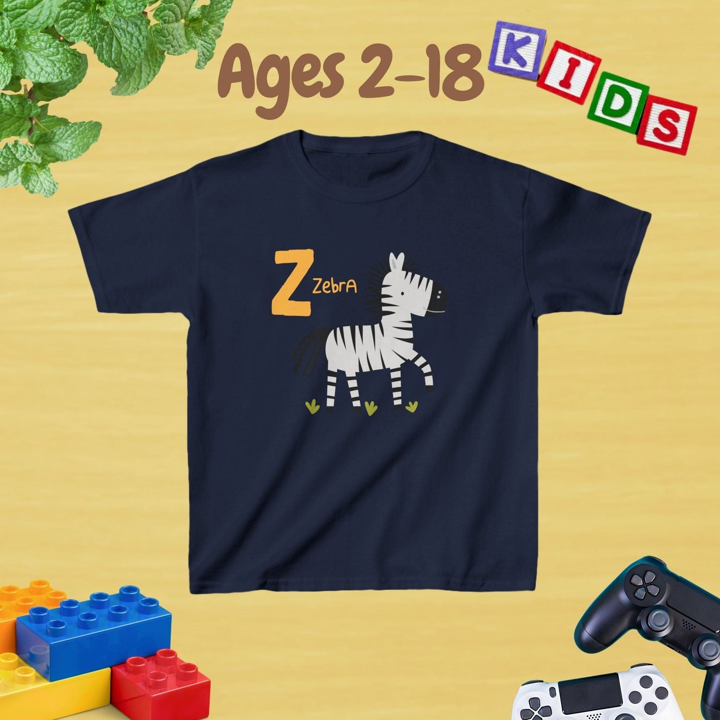 Animal Alphabet - Z for Zebra Unisex Kids Tee - Fun Educational Graphic Tee for Kids Age 2-18