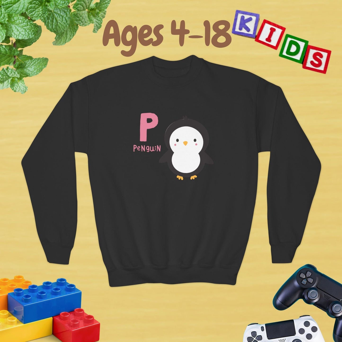 Animal Alphabet P for Penguin Ages 4-18 Unisex Kids and Teens Sweatshirt - Cozy Fall and Winter Youth Sweatshirt