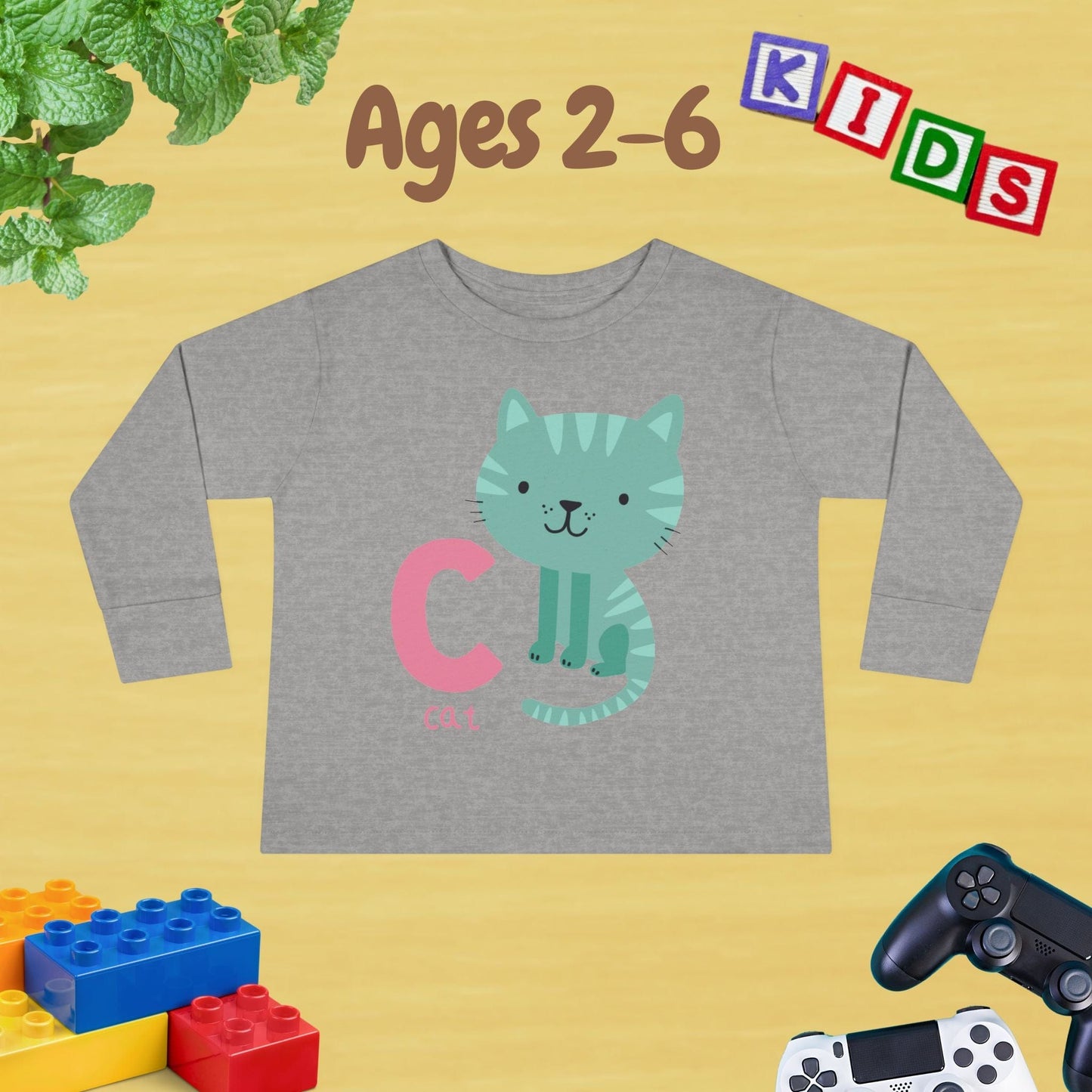 Animal Alphabet C for Cat Unisex Kids Sweater Toddler Long Sleeve Tee Ages 2-6 - 100% Cotton Spring and Fall Kids Sweatshirt