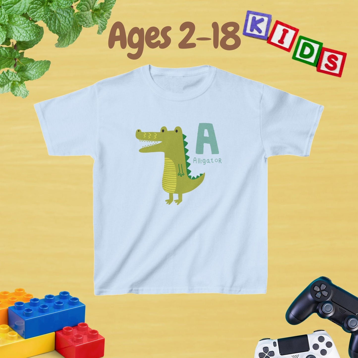 Animal Alphabet - A for Alligator Unisex Kids Tee - Graphic Alphabet Tee for Kids