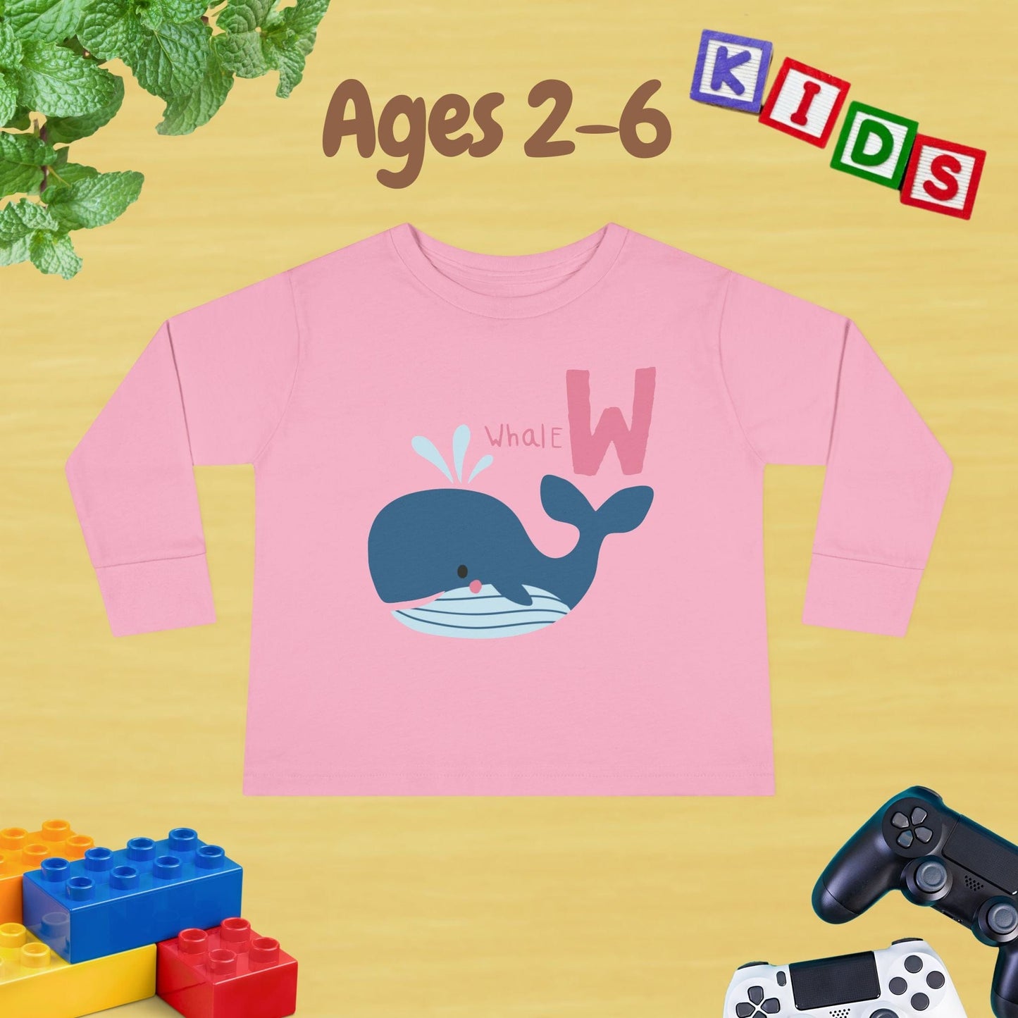 Animal Alphabet W for Whale Unisex Kids Sweater Toddler Long Sleeve Tee Ages 2-6 - 100% Cotton Spring and Fall Kids Sweatshirt