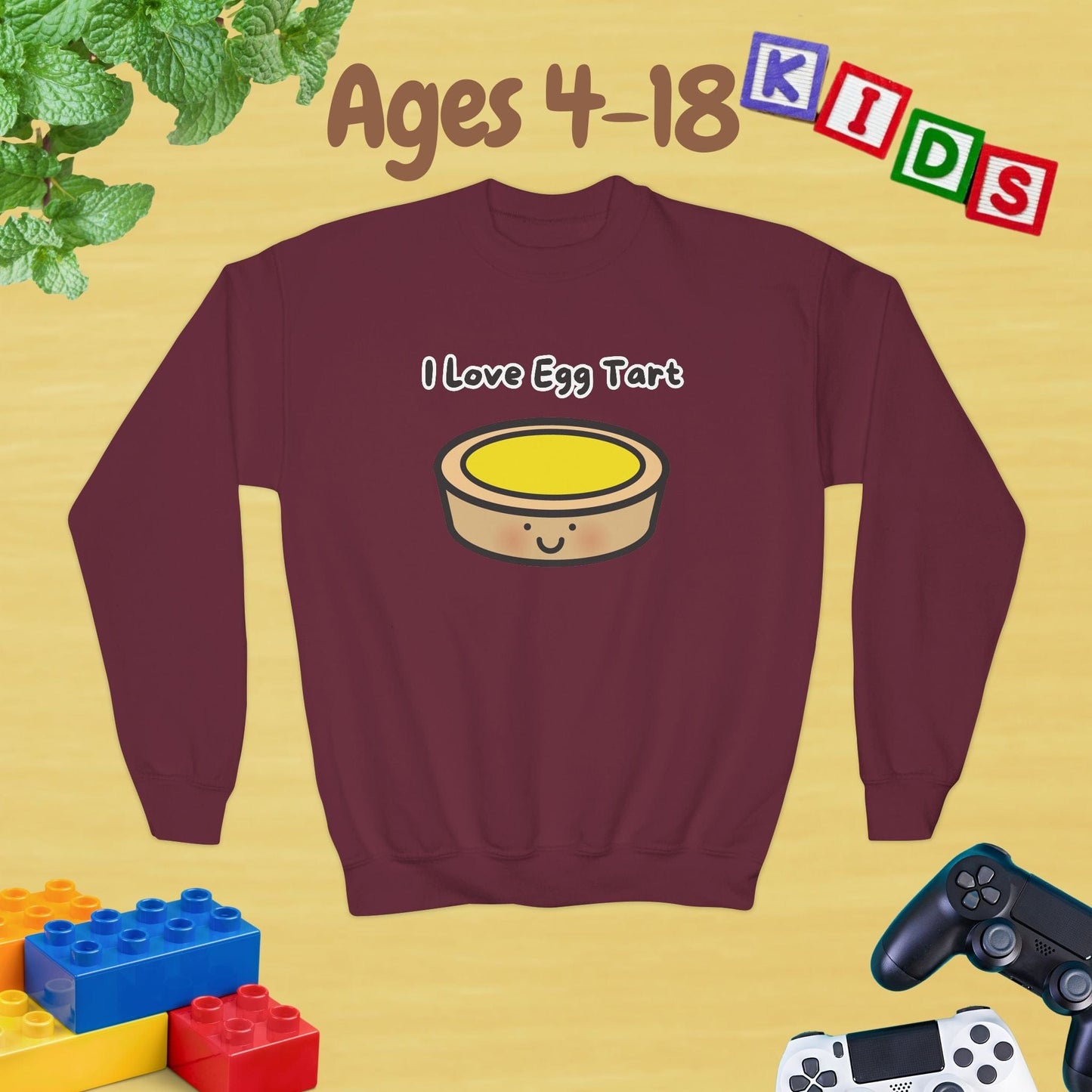I Love Egg Tart Ages 4-18 Kids Sweatshirt - Unisex Graphic Sweatshirt for Kids
