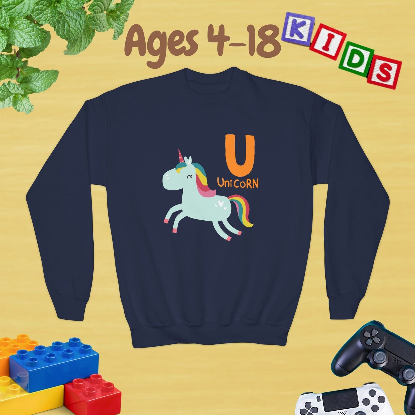 Animal Alphabet U for Unicorn Ages 4-18 Unisex Kids and Teens Sweatshirt - Cozy Fall and Winter Youth Sweatshirt