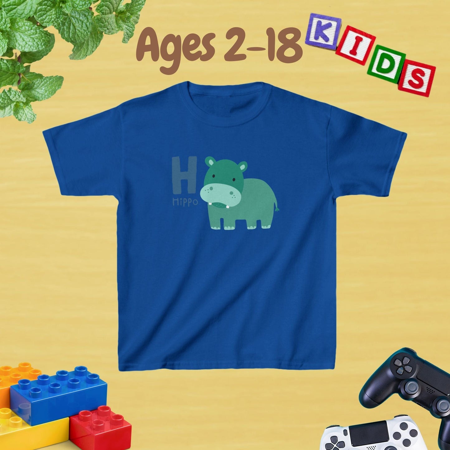 Animal Alphabet - H for Hippo Unisex Kids Tee - Graphic Alphabet Tee for Kids Age 2-18