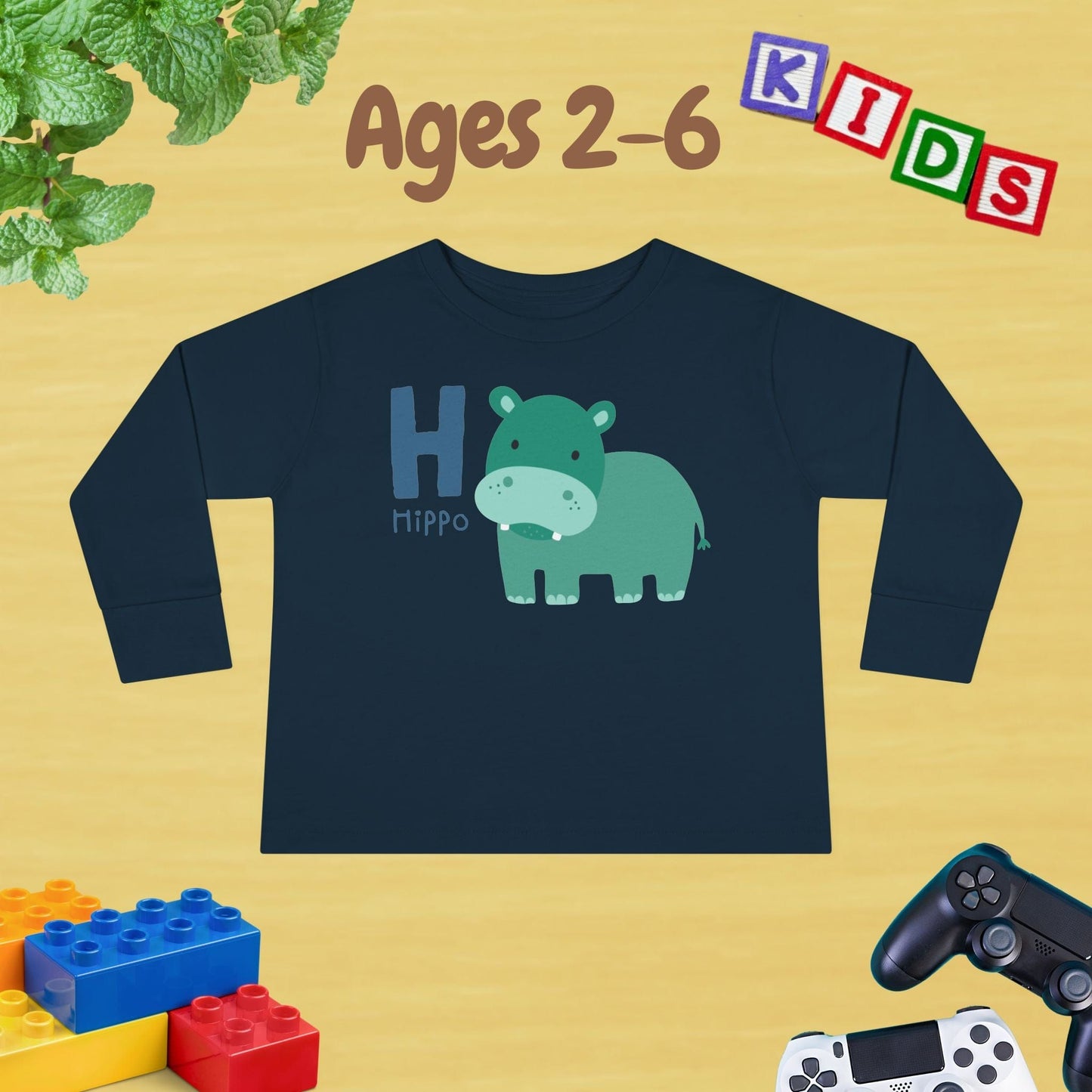 Animal Alphabet H for Hippo Unisex Kids Sweater Toddler Long Sleeve Tee Ages 2-6 - 100% Cotton Spring and Fall Kids Sweatshirt