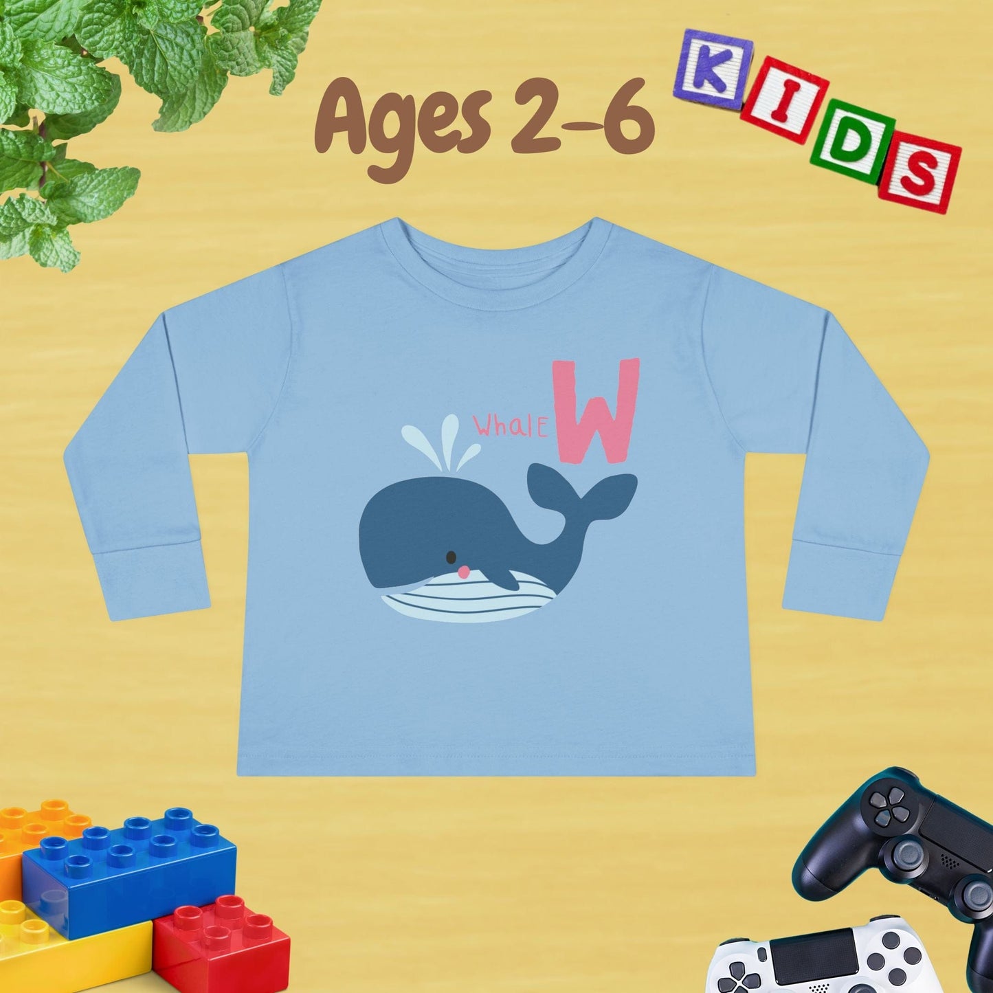 Animal Alphabet W for Whale Unisex Kids Sweater Toddler Long Sleeve Tee Ages 2-6 - 100% Cotton Spring and Fall Kids Sweatshirt