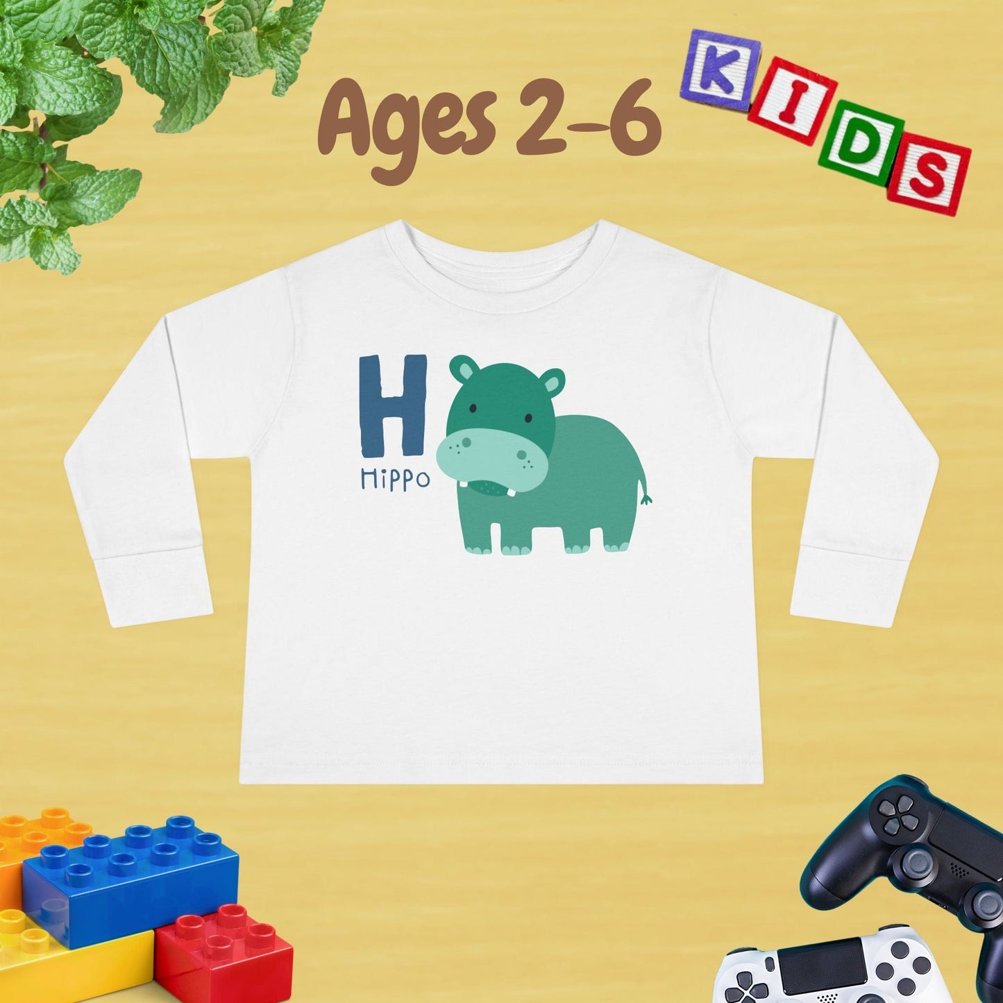 Animal Alphabet H for Hippo Unisex Kids Sweater Toddler Long Sleeve Tee Ages 2-6 - 100% Cotton Spring and Fall Kids Sweatshirt