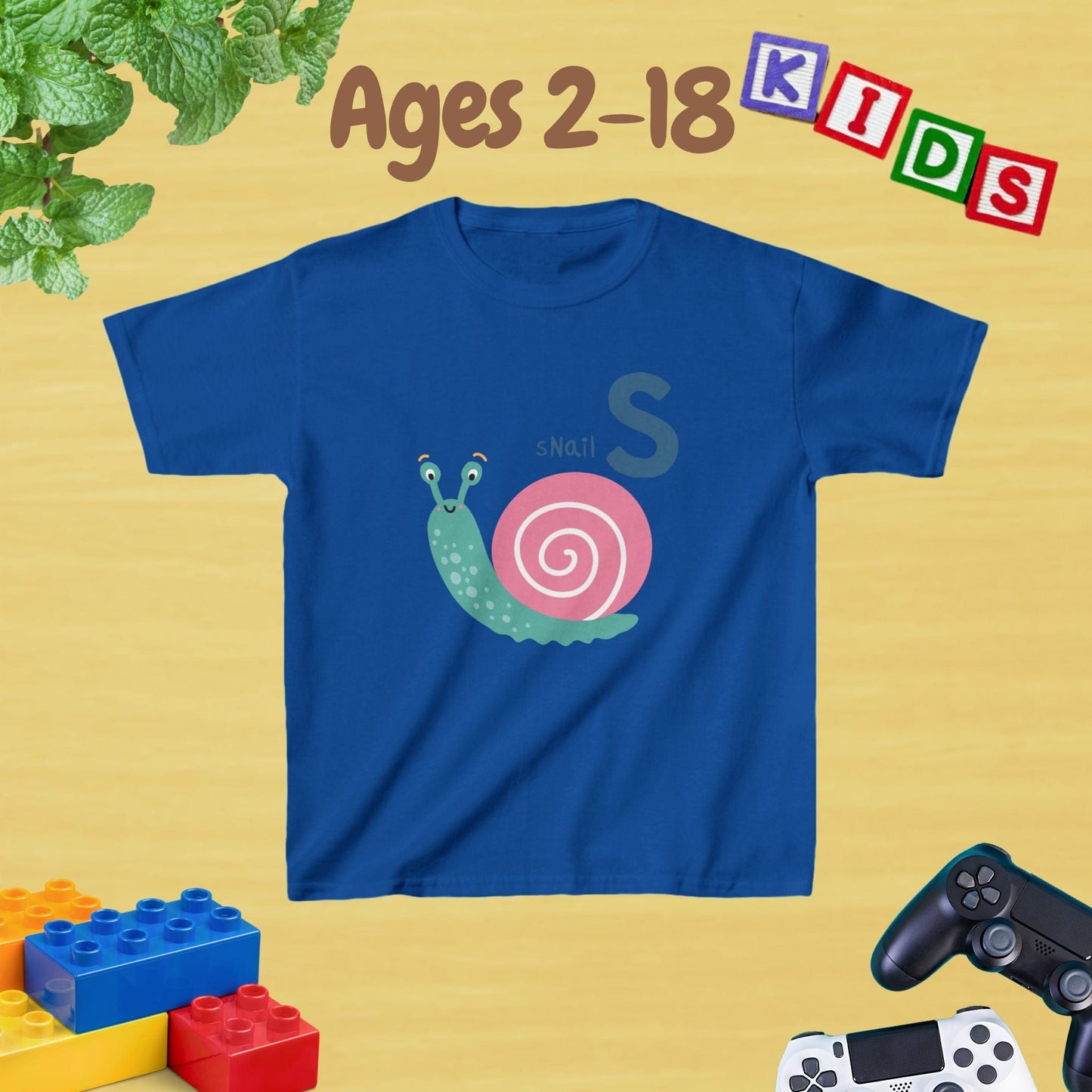 Animal Alphabet - S for Snail Unisex Kids Tee - Fun Educational Graphic Tee for Kids Age 2-18