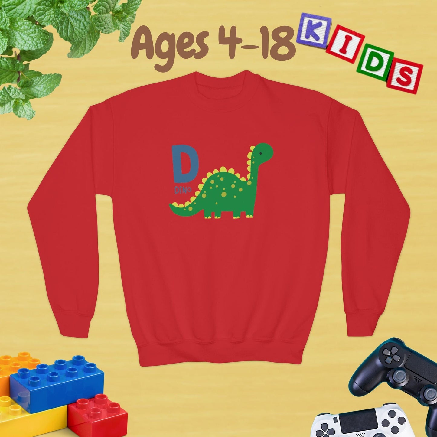 Animal Alphabet - D for Dino Ages 4-18 Unisex Kids and Teens Sweatshirt - Cozy Fall and Winter Youth Sweatshirt