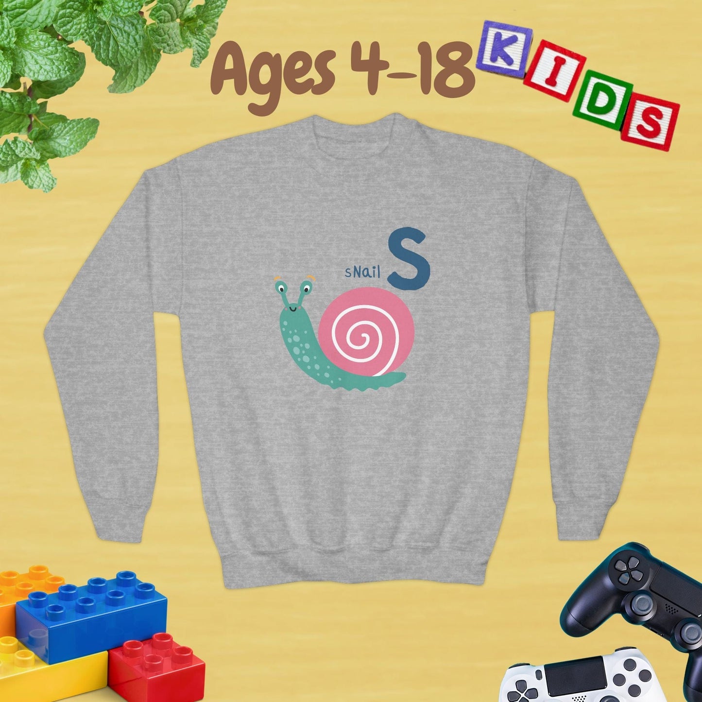 Animal Alphabet S for Snail Ages 4-18 Unisex Kids and Teens Sweatshirt - Cozy Fall and Winter Youth Sweatshirt