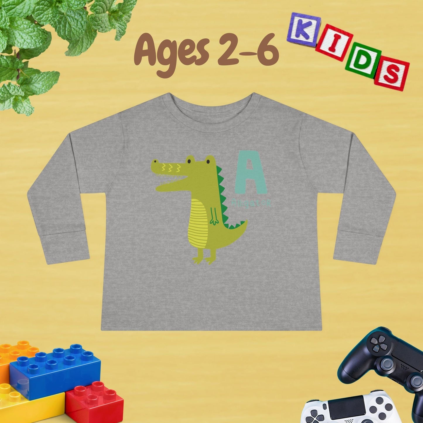 Animal Alphabet A for Alligator Unisex Kids Sweater Toddler Long Sleeve Tee Ages 2-6 - 100% Cotton Spring and Fall Kids Sweatshirt